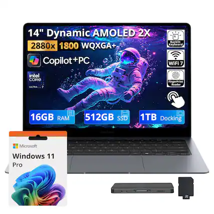 14" Dynamic AMOLED 2X
2880x 1800 WQXGA+
Copilot+ PC
Backlit Keyboard
WiFi 7
Intel CORE ULTRA 7
FingerPrint Reader
16GB RAM
512GB SSD
1TB Docking
SAMSUNG
Microsoft Windows 11 Pro