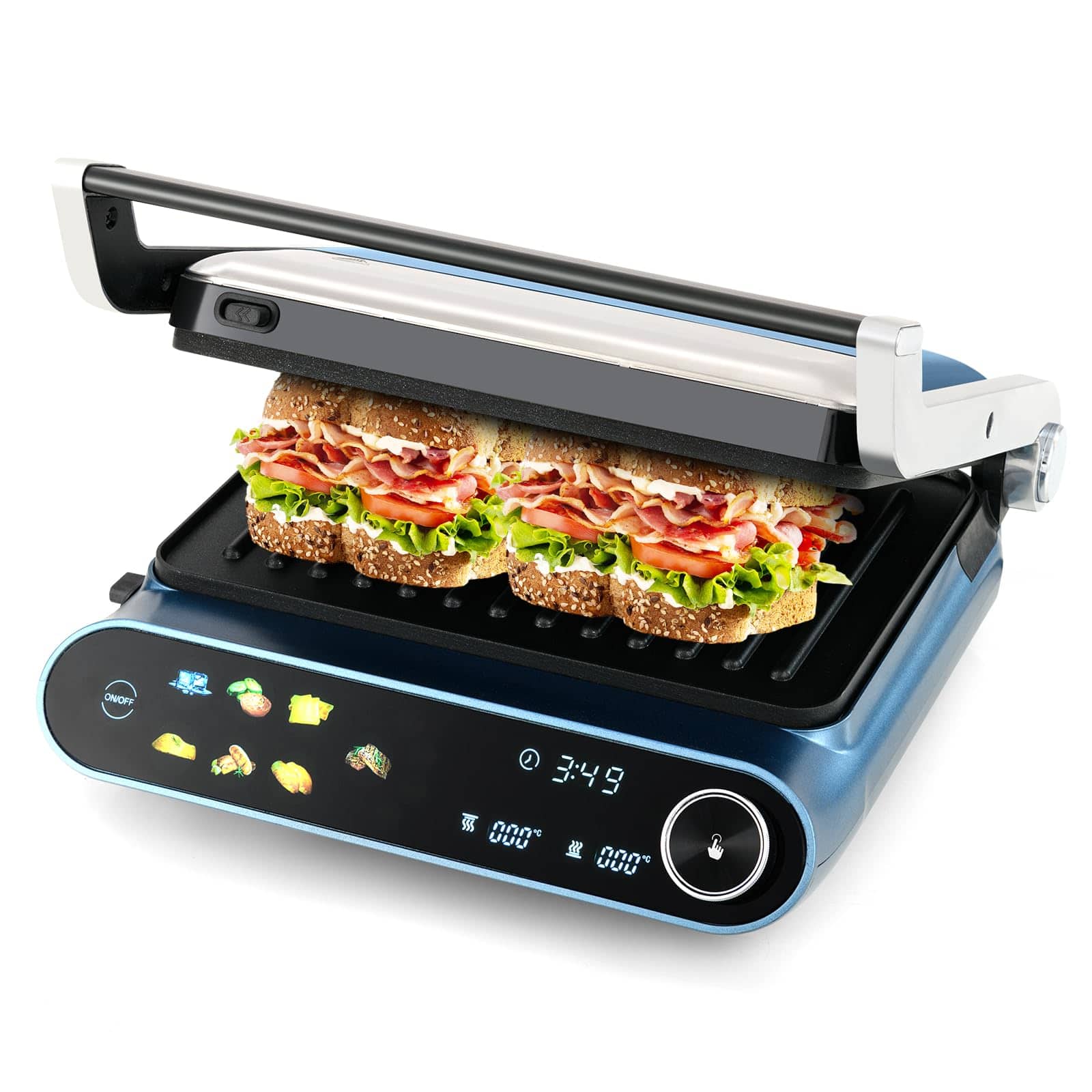 Ecooso - 1200W Panini Press Grill with LED Display, 7 Cooking Modes, Contact Grill for Sandwiches - Blue / Black / Silver