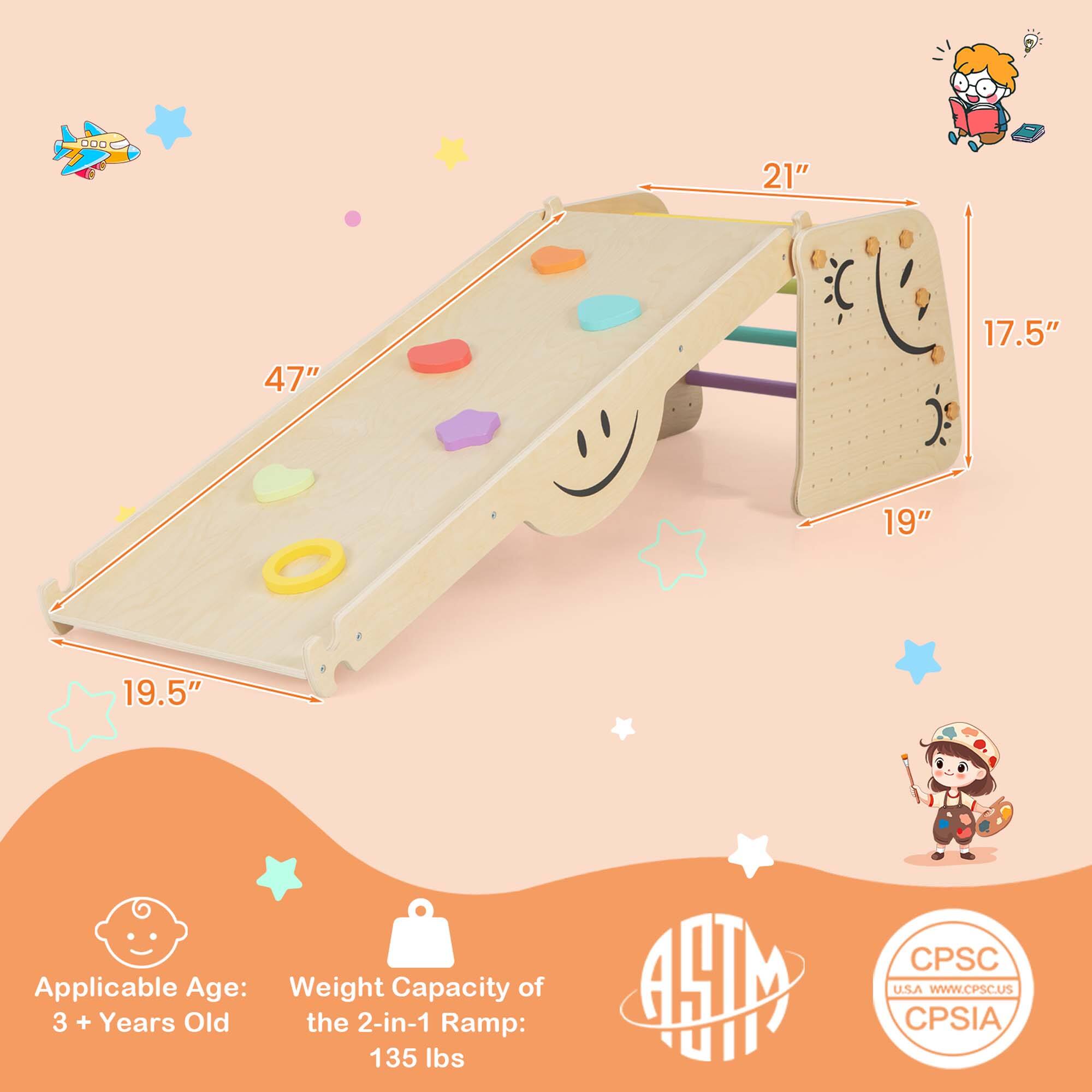 Applicable Age: 3 + Years Old, Weight Capacity of the 2-in-1 Ramp: 135 lbs, 21", 47", 17.5", 19", 19.5", AE CPSC U.S.A www.CPSC.US CPSIA