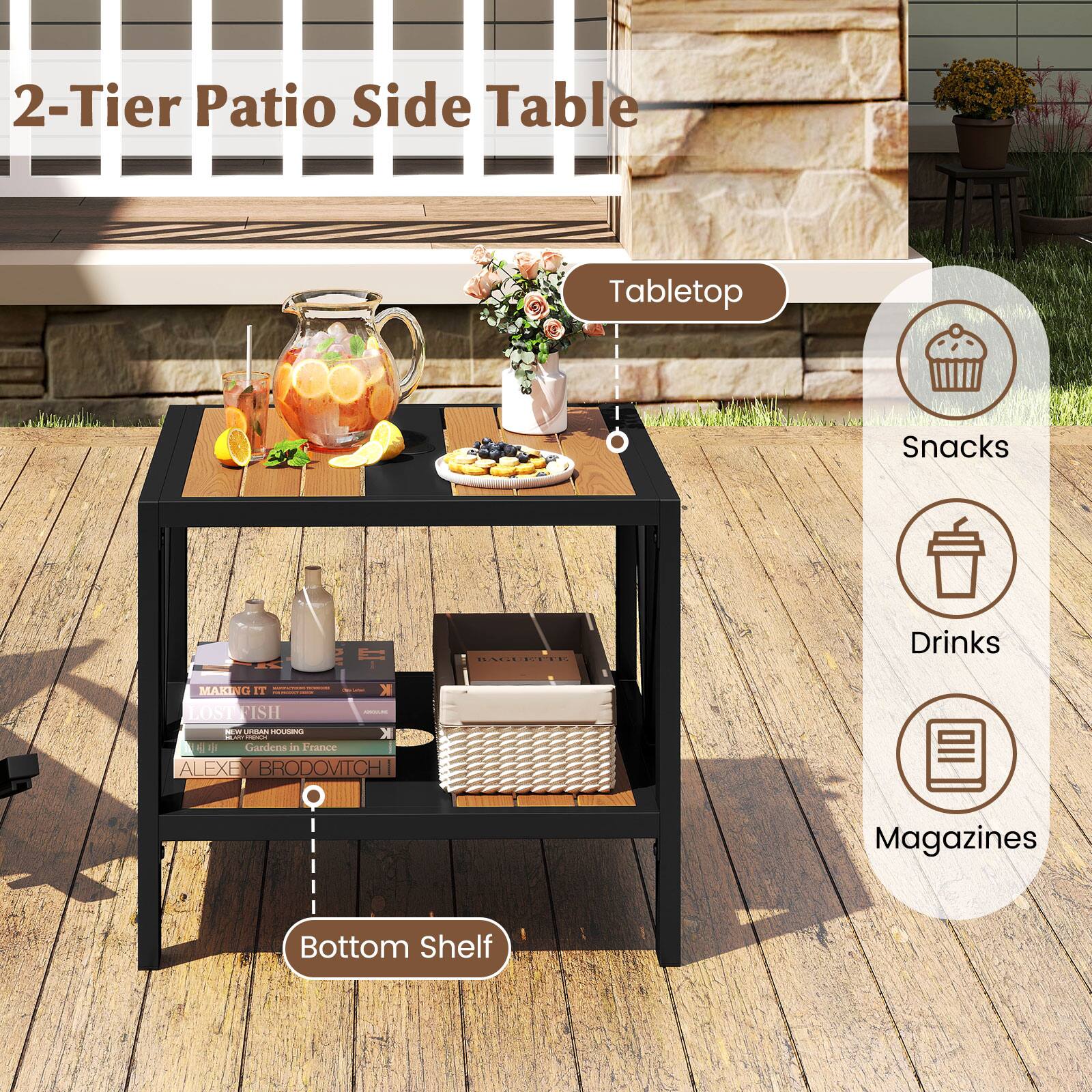 2-Tier Patio Side Table

Tabletop:
- Snacks
- Drinks

Bottom Shelf:
- Magazines