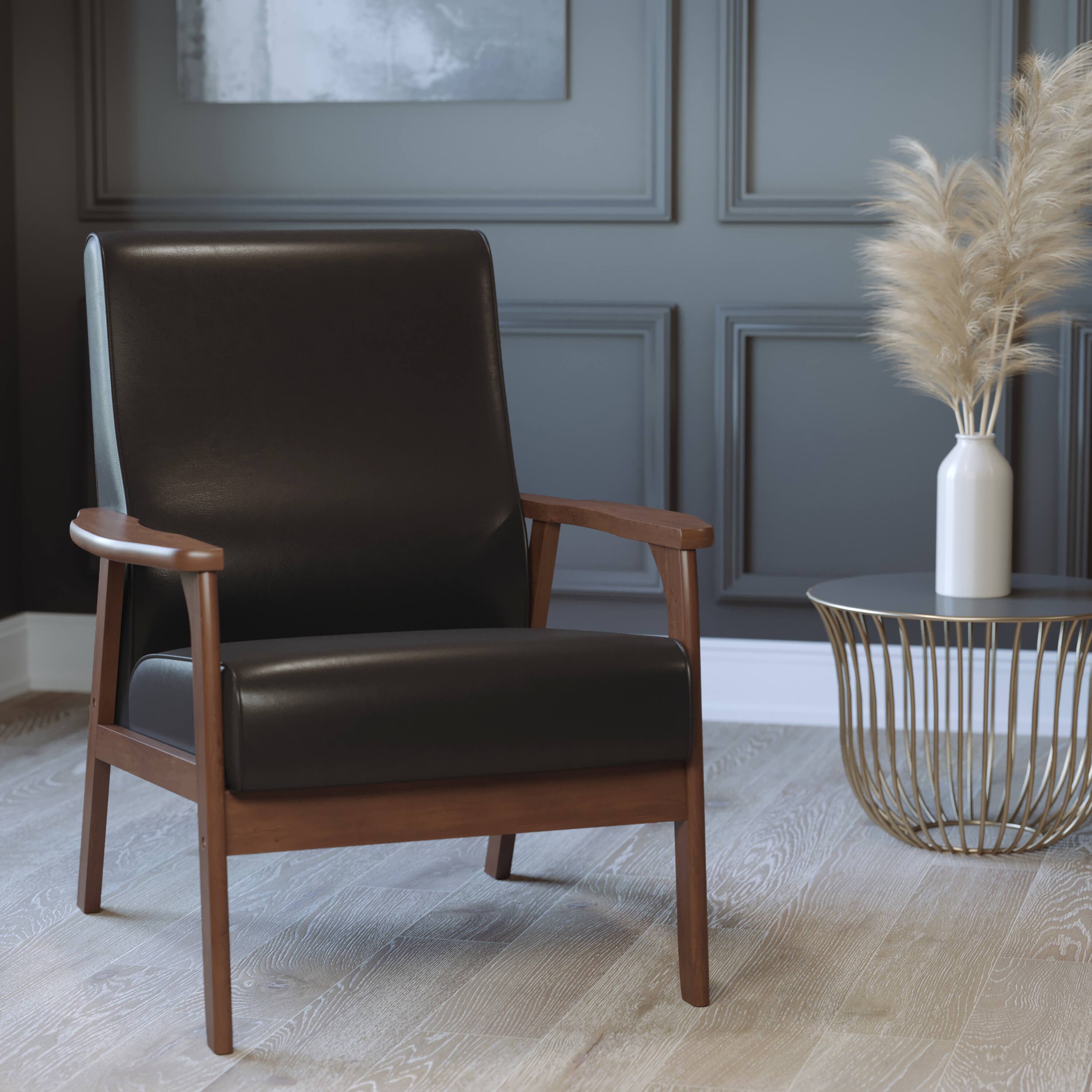 Alt View 4. Emma + Oliver - Langmore Upholstered Mid-Century Modern Arm Chair with Wood Frame - Black Faux Leather.