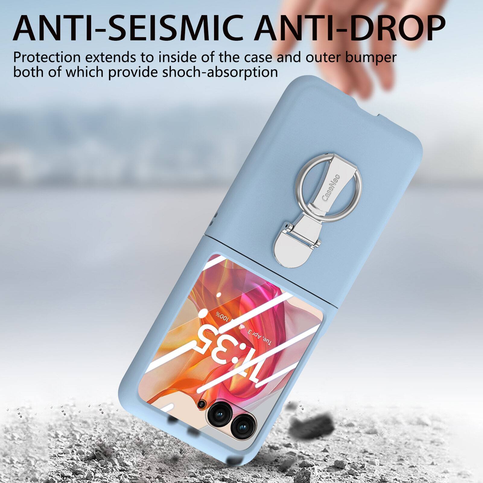 ANTI-SEISMIC ANTI-DROP Protection extends to inside of the case and outer bumper both of which provide shock-absorption. CaseNeo 100%