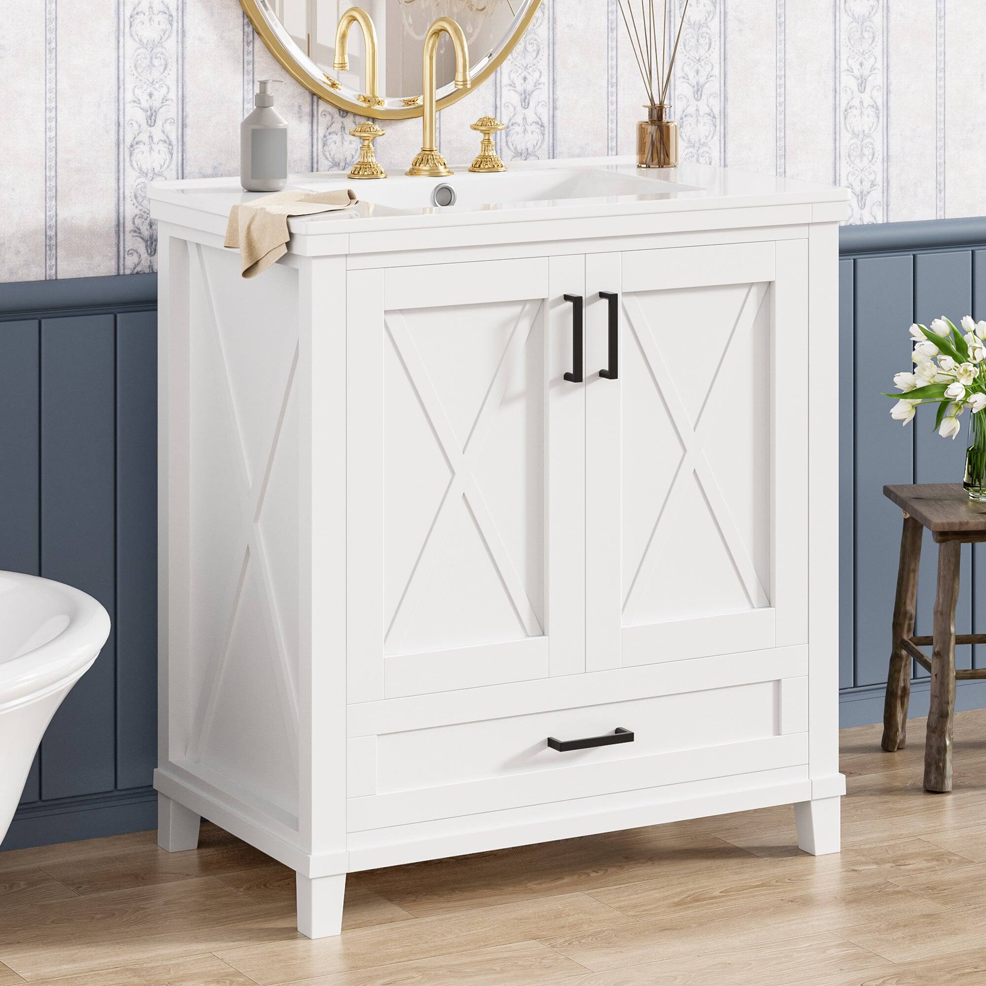 Alt View 4. Boyel Living - 30 Inch Bathroom Vanity with Ceramic Sink Solid Wood Frame MDF 2 Soft Close Doors 1 Drawer Dual Storage Shelves - White.