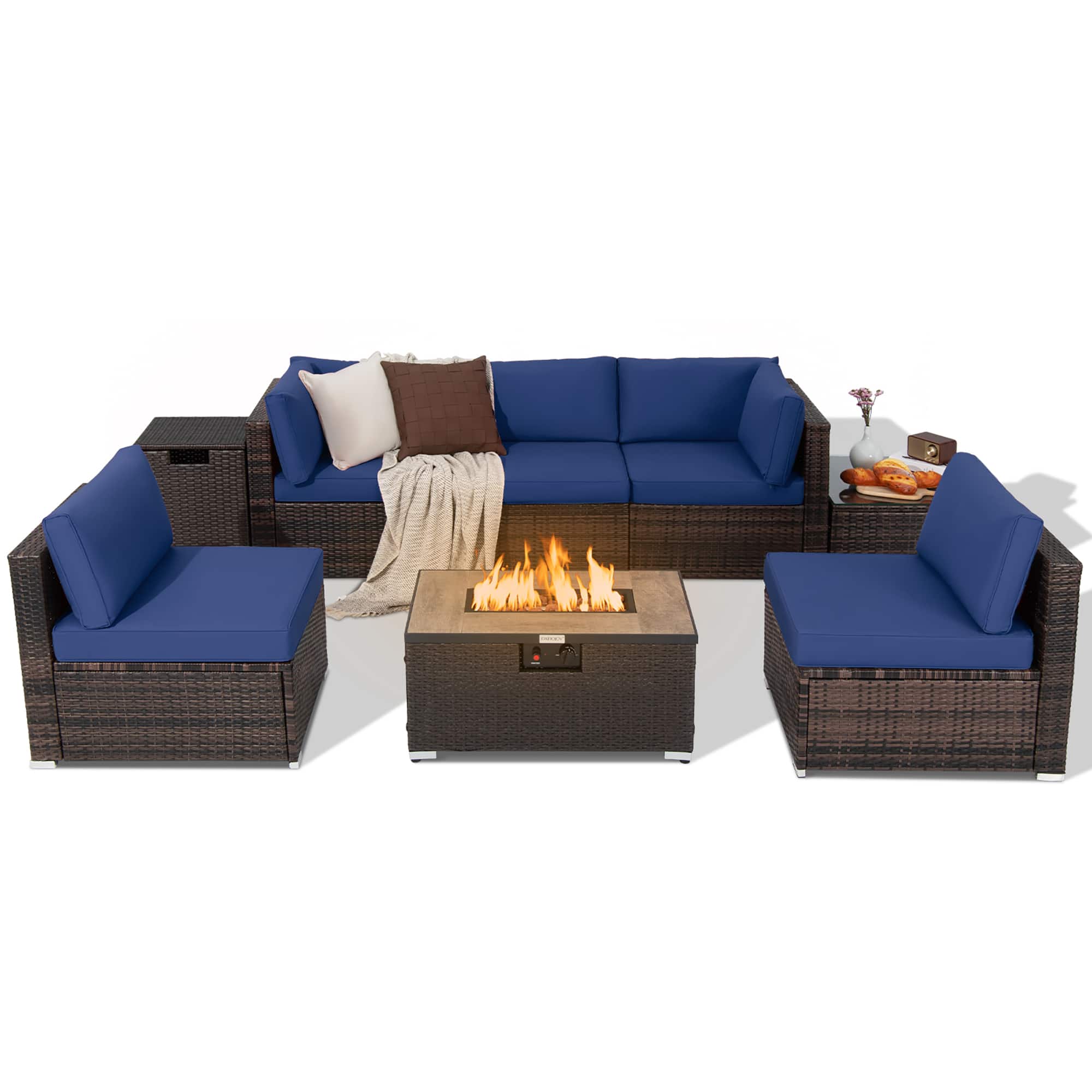 Costway - 8PCS Patio Rattan Furniture Set Fire Pit Table Tank Holder Cover Deck - Mix Brown,Navy