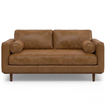 Front. Simpli Home - Morrison 72 inch Wide Mid-Century Modern Sofa in Caramel Brown Top Grain Genuine Leather - Caramel Brown.