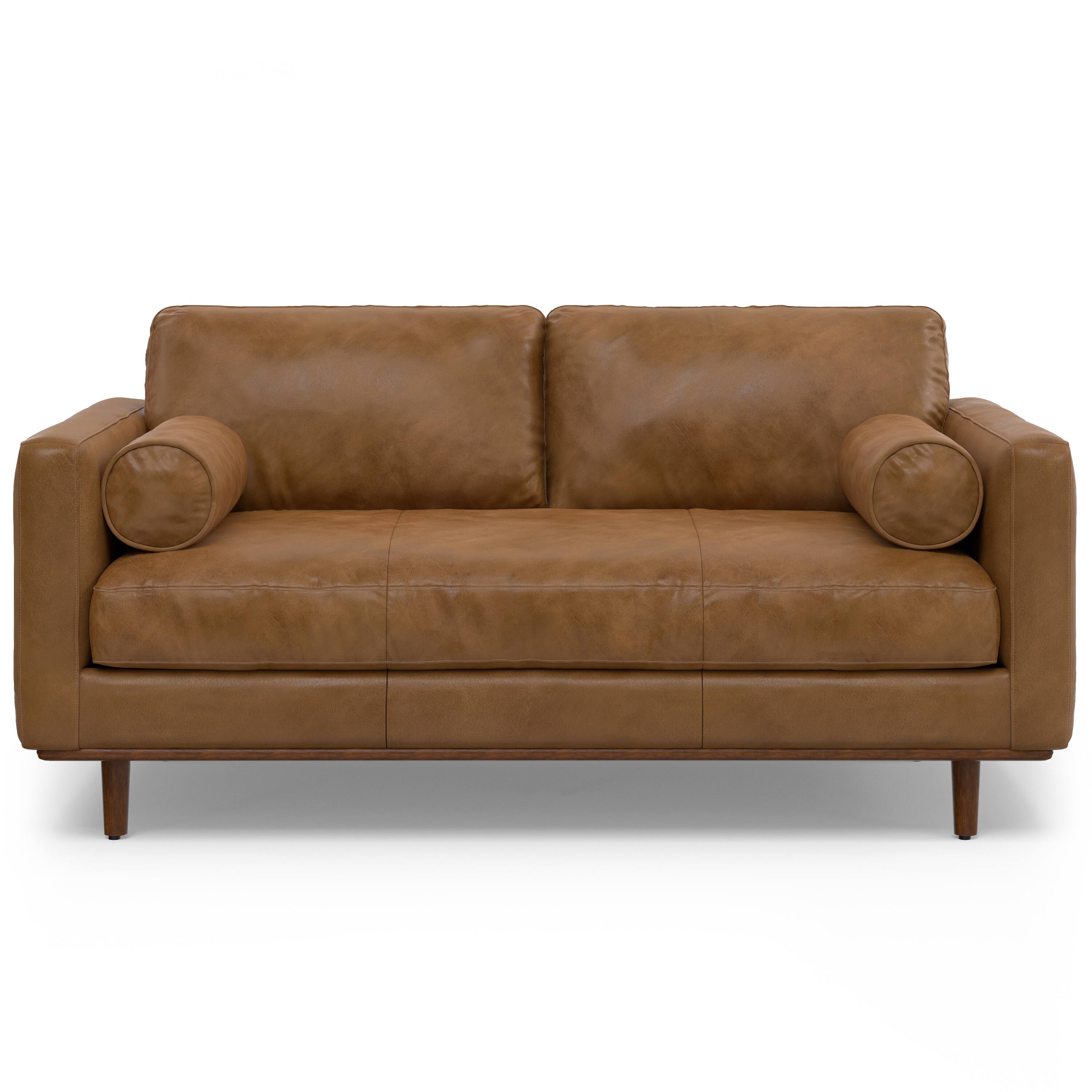 Front. Simpli Home - Morrison 72 inch Wide Mid-Century Modern Sofa in Caramel Brown Top Grain Genuine Leather - Caramel Brown.