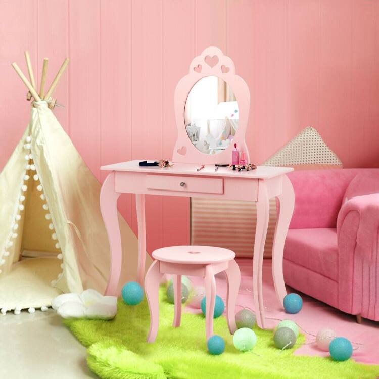Left. SlickBlue - Children’s Princess Dressing Table Playset with Mirror and Toy Makeup - Pink.