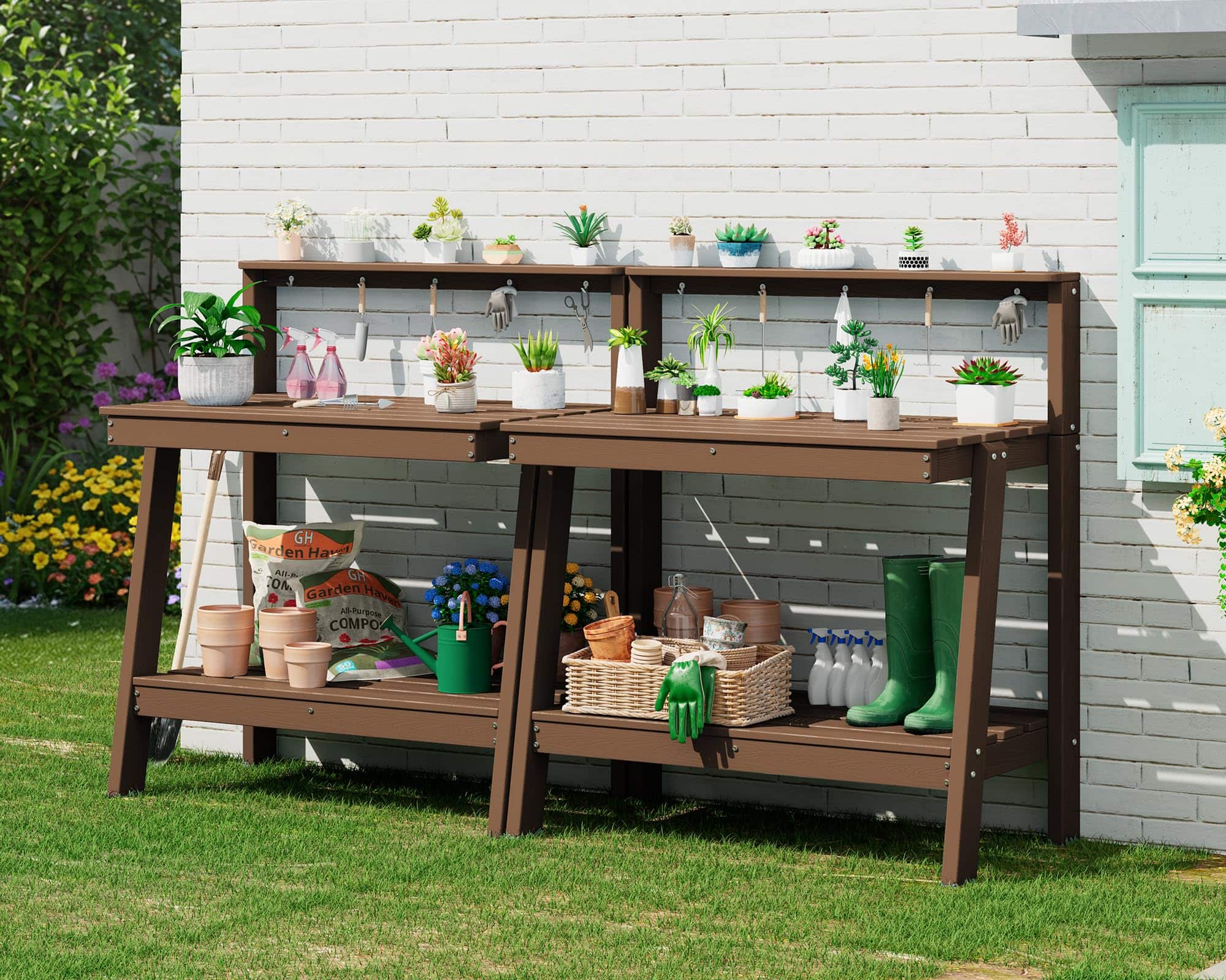 SERWALL - 3-Tier HDPE Heavy Outdoor Potting Table Set of 2, Workbench with Storage and Angled Legs & Tool Hooks, All Weather - Brown price history on PriceWatchPro
