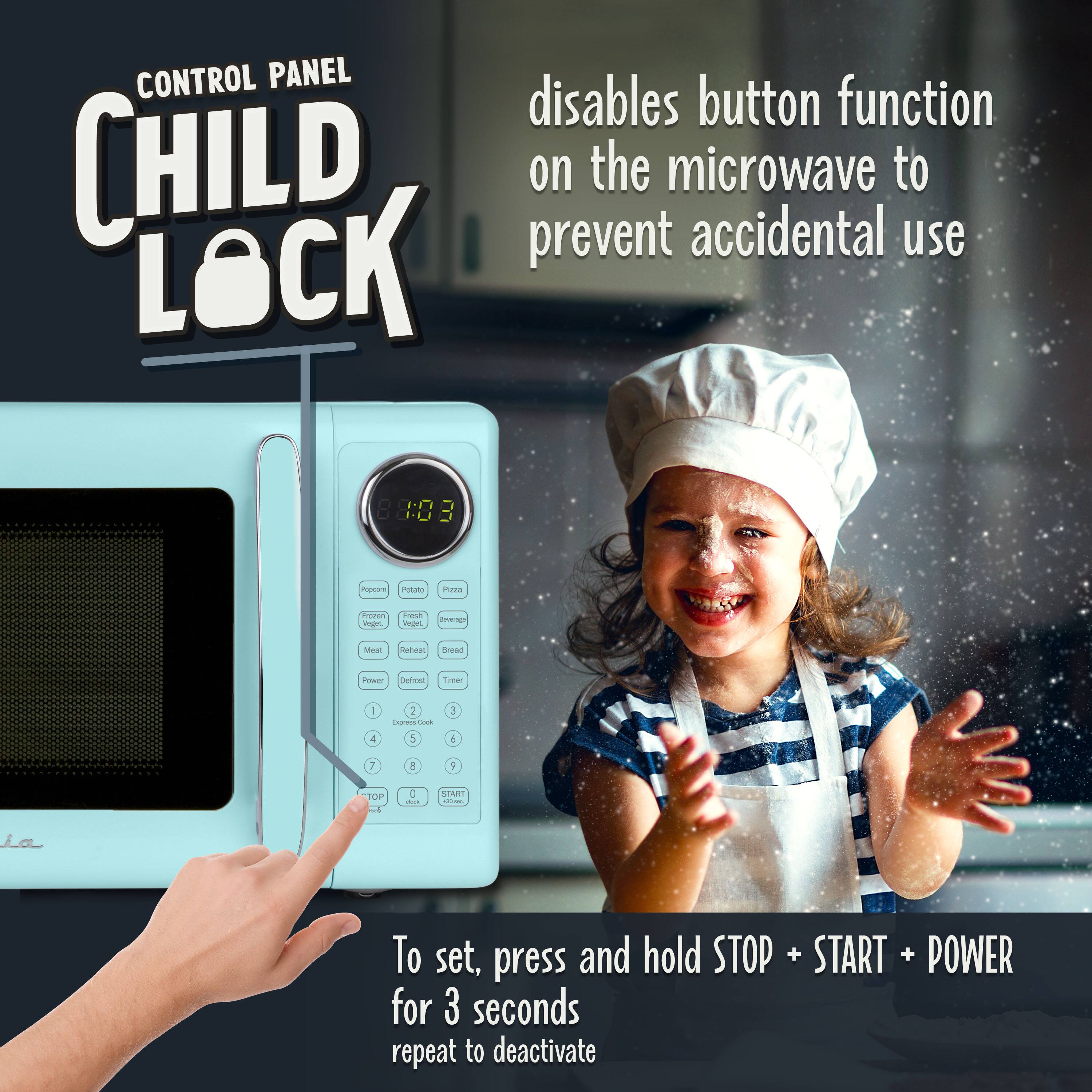 CONTROL PANEL CHILD LOCK disables button function on the microwave to prevent accidental use

To set, press and hold STOP + START + POWER for 3 seconds. Repeat to deactivate.