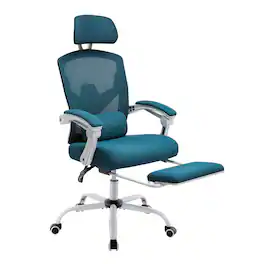 Bestier - Retractable Footrest Ergonomic Swivel Office Chair with Lumbar Support Pillow and Padded Armrests - Blue