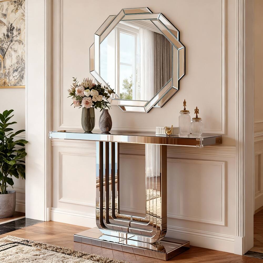 Alt View 2. Loheer - Loheer Mirrored Console Table Silver Finish 47 Inch - Silver.