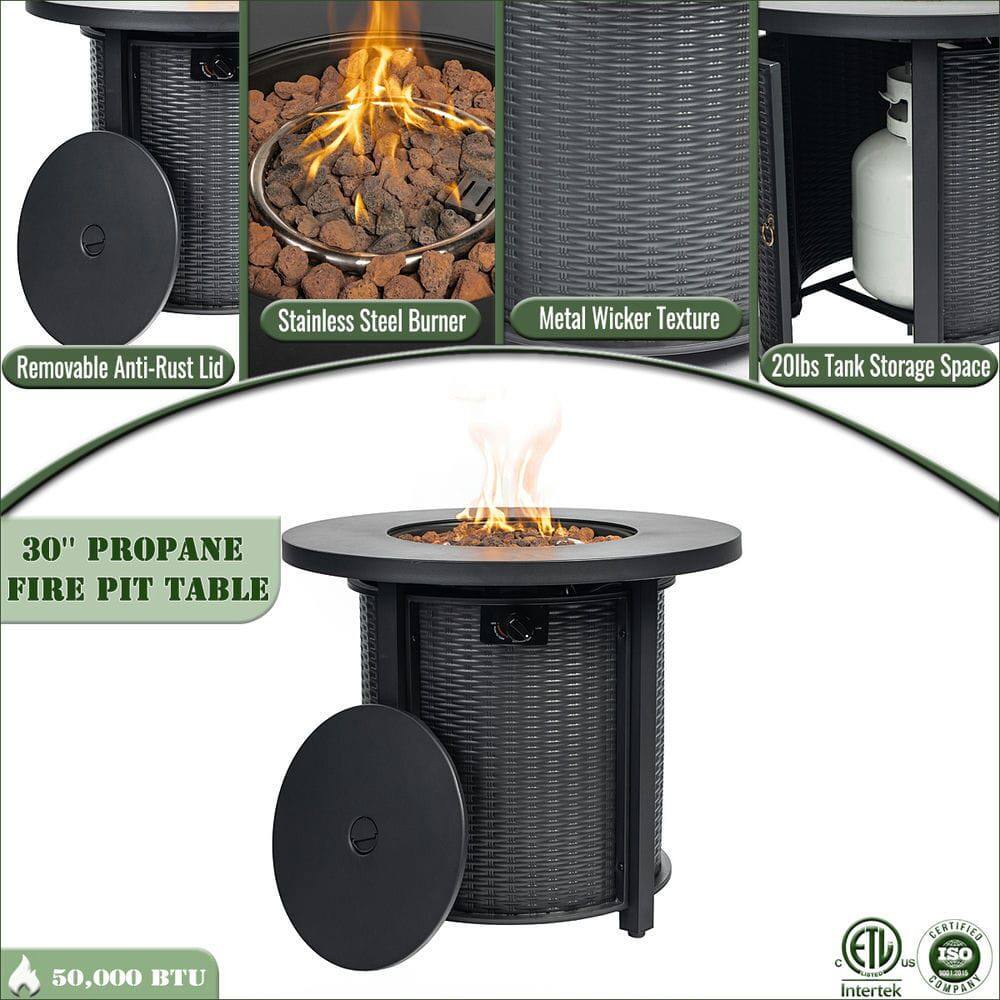 - Removable Anti-Rust Lid
- Stainless Steel Burner
- Metal Wicker Texture
- 20lbs Tank Storage Space
- 30" Propane Fire Pit Table
- 50,000 BTU
- Certified by Intertek
- ETL Listed
- ISO Certified