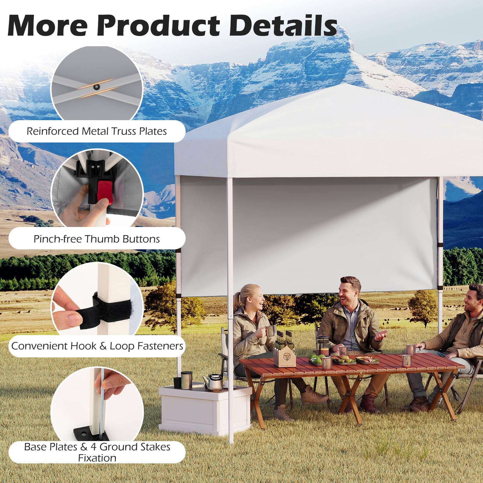 More Product Details

- Reinforced Metal Truss Plates
- Pinch-free Thumb Buttons
- Convenient Hook & Loop Fasteners
- 5 Base Plates & 4 Ground Stakes Fixation