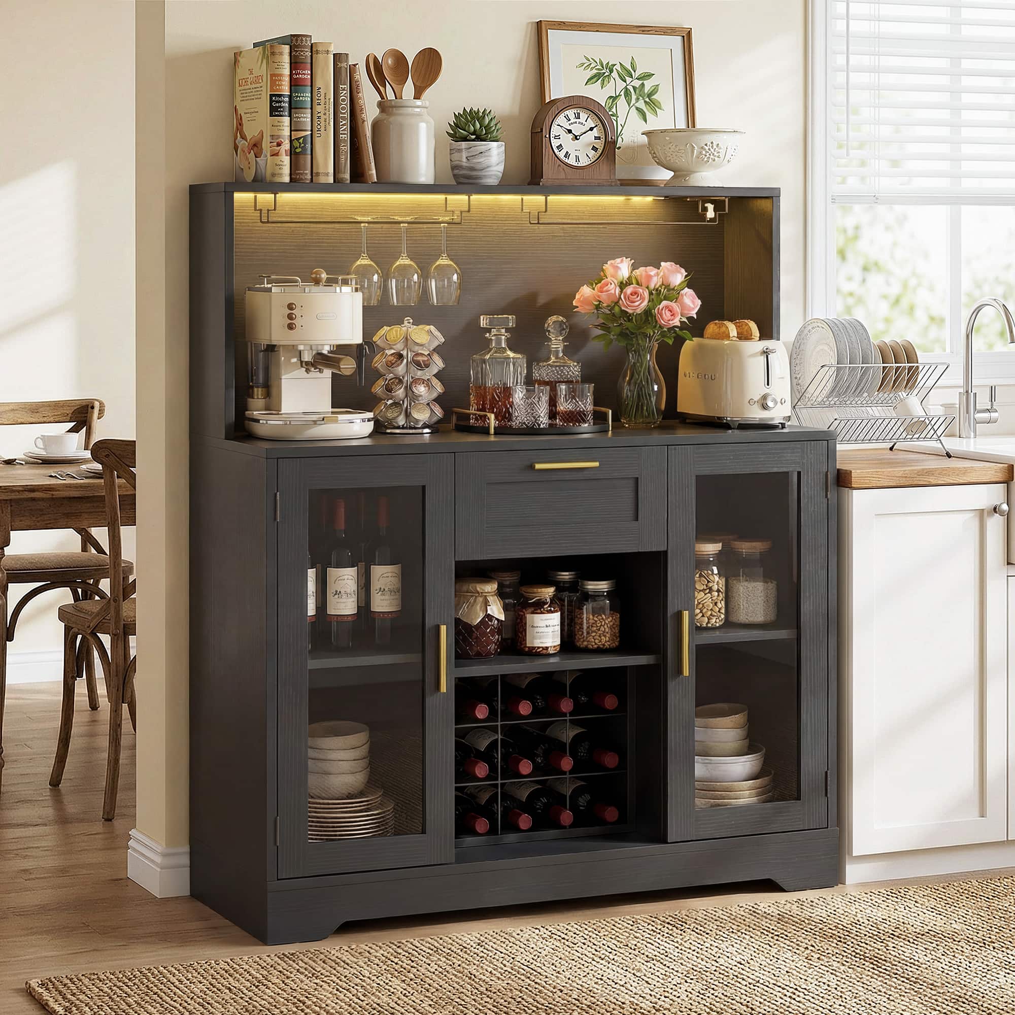Aheaplus - Coffee Bar Cabinet with Drawer, 39.4''W Bar Cabinet with LED Lights and Doors - Black price history on PriceWatchPro