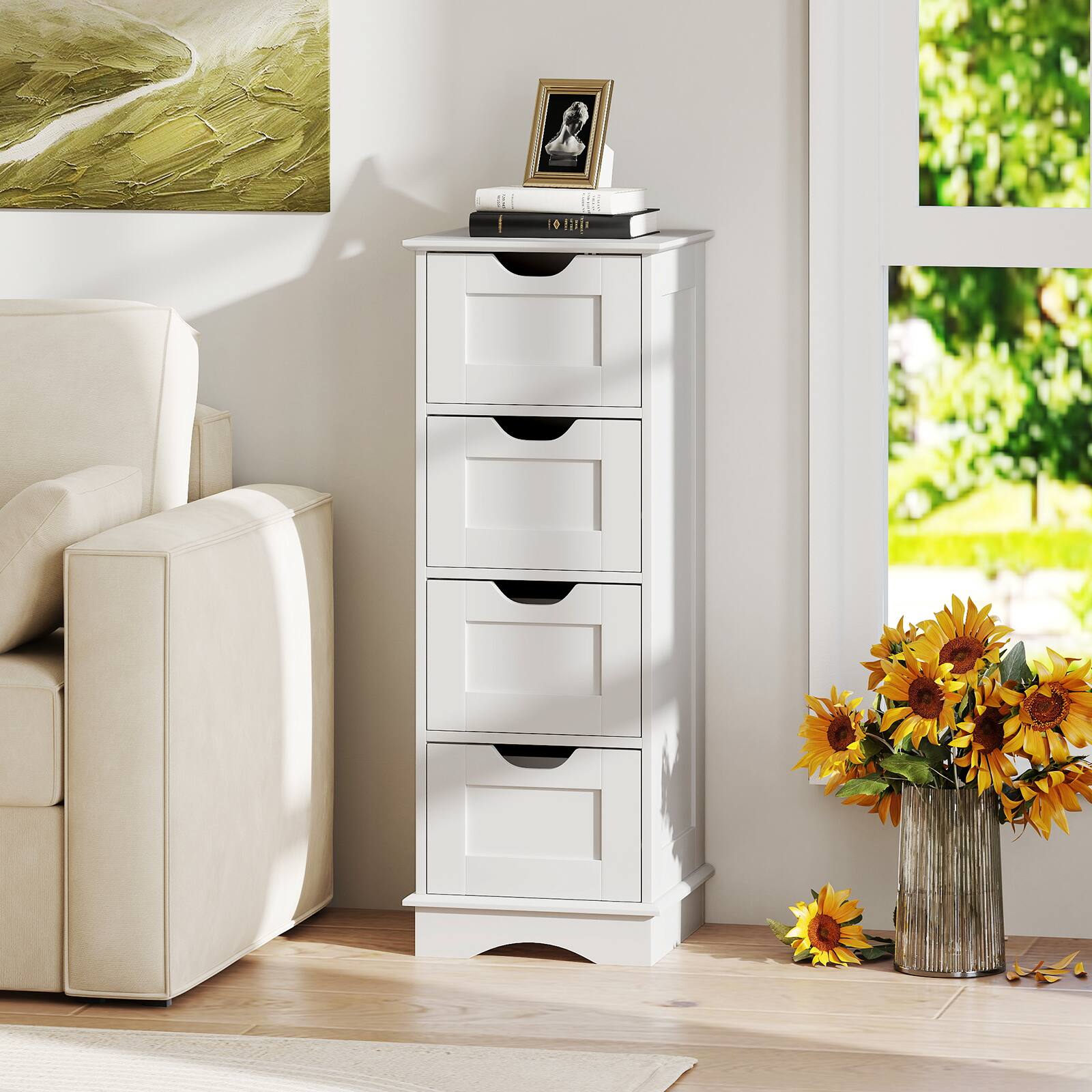 Alt View 3. Gymax - Gymax 4-Drawer Bathroom Cabinet w/Cut-out Handles Anti-toppling Device Narrow Entryway White - White.