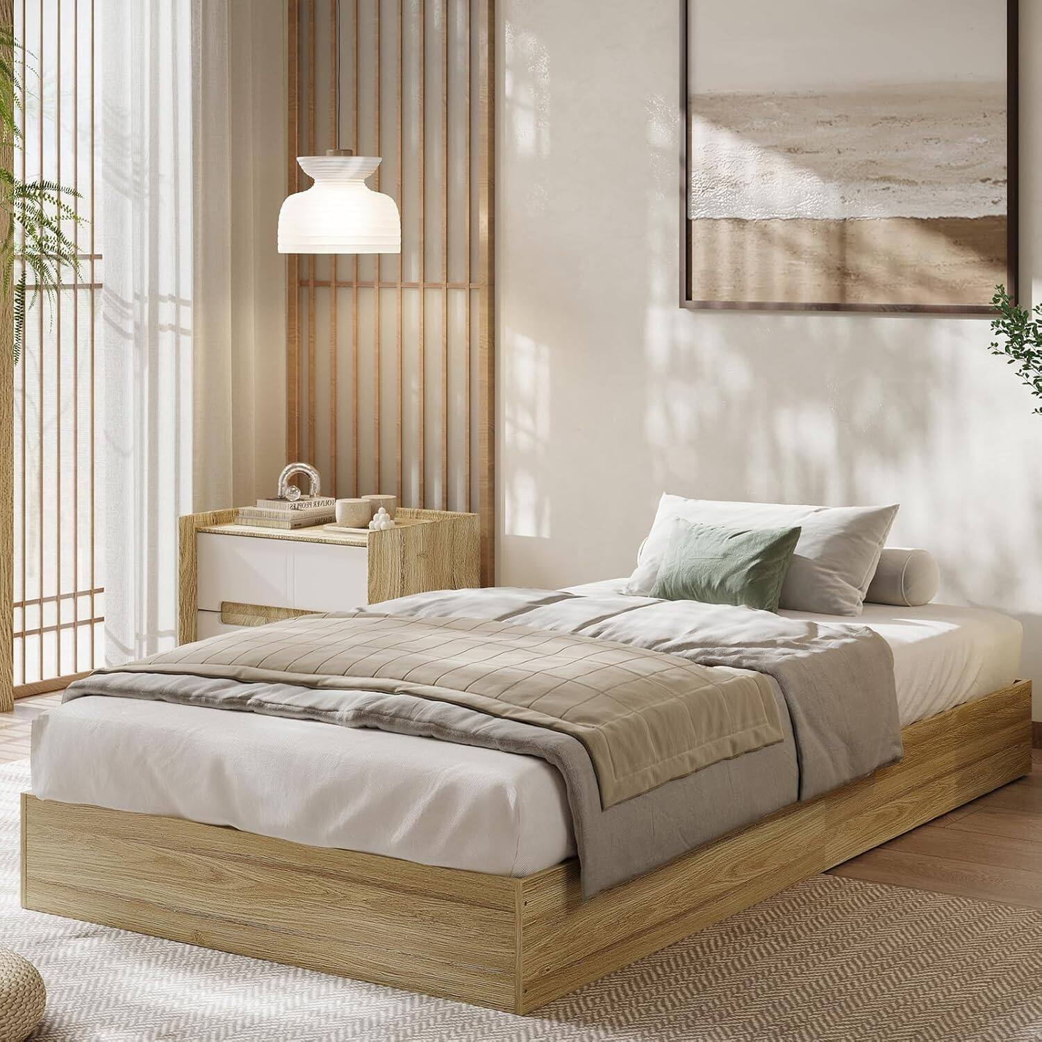 Front. GARVEE - Twin-XL Size Wood Platform Bed Frame, Solid Wood, No Headboard, Floor-Standing, Sturdy Slat Support - Burlywood.