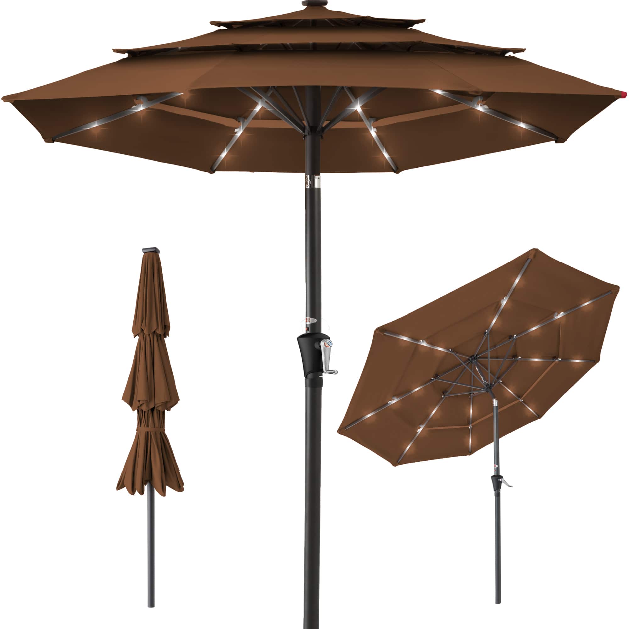 Front. Best Choice Products - Best Choice Products 10ft 3-Tier Solar Patio Umbrella w/ 24 LED Lights, Tilt Adjustment, Easy Crank - Brown - Brown.
