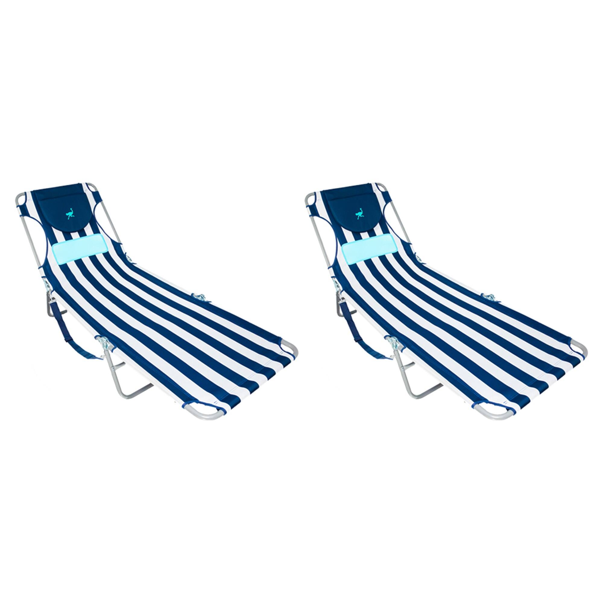 Front. Ostrich - Ostrich Comfort Lounger Face Down Sunbathing Chaise Lounge Beach Chair (2 Pack) - Navy Stripes.