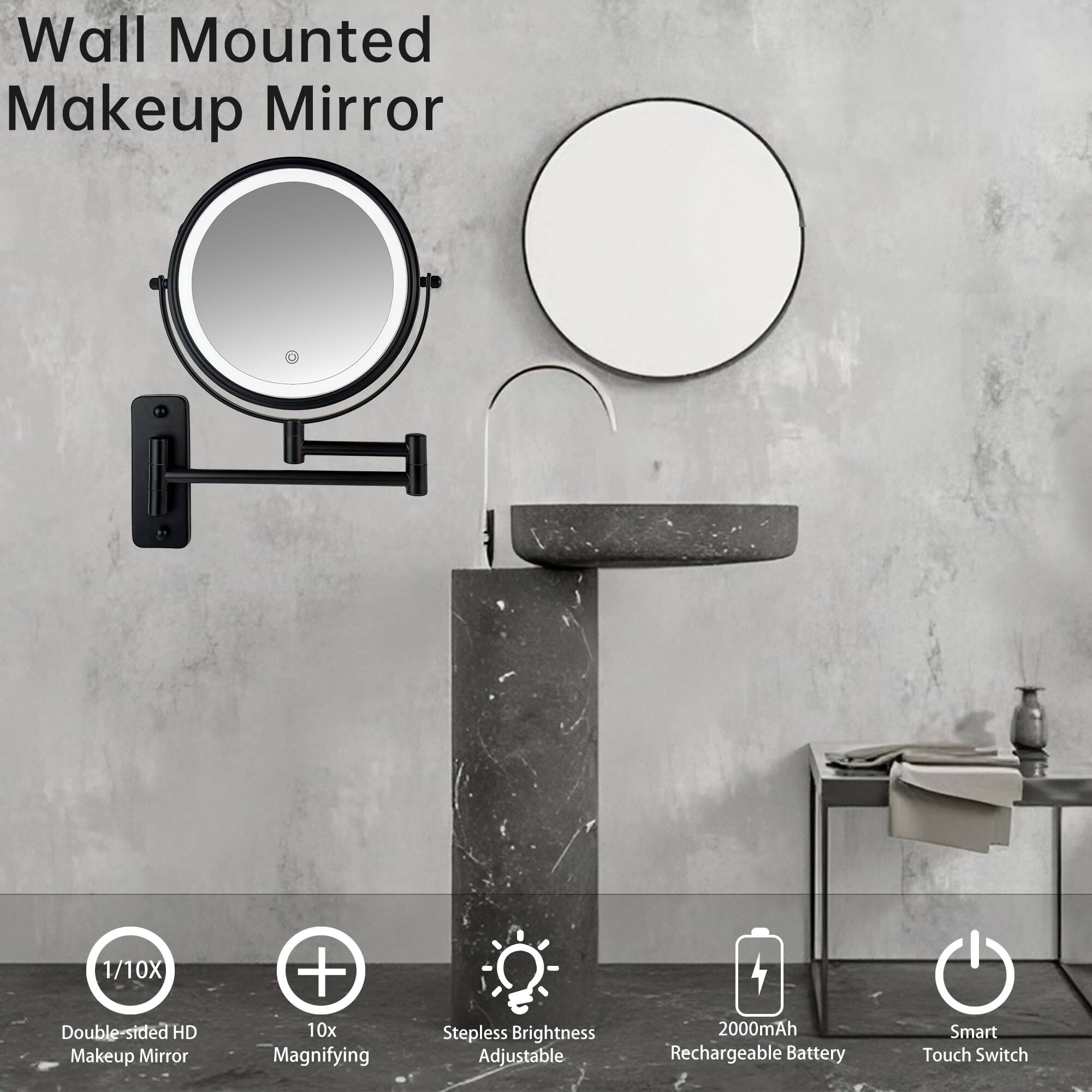 Wall Mounted Makeup Mirror

- Double-sided HD Makeup Mirror
- 1/10X Magnifying
- Stepless Brightness Adjustable
- 2000mAh Rechargeable Battery
- Smart Touch Switch