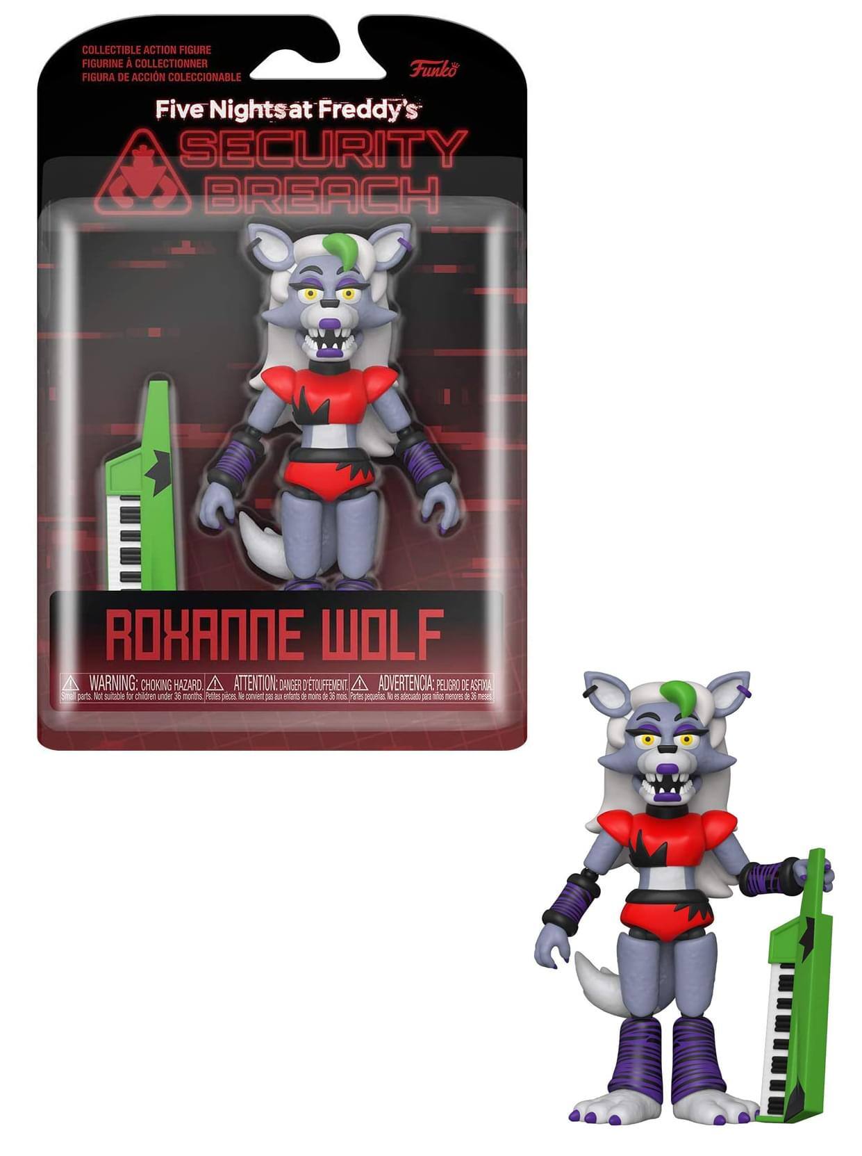 COLLECTIBLE ACTION FIGURE  
FIGURA A COLECCIONAR  
FIGURA DE ACCIÓN COLECCIONABLE  

Five Nights at Freddy's  
SECURITY BREACH  

ROXANNE WOLF  

WARNING: CHOKING HAZARD - Small parts. Not for children under 3 years.  
ADVERTENCIA: PELIGRO DE ASFIXIA - Piezas pequeñas. No es adecuado para niños menores de 3 años.  
ATTENTION: DANGER DE SOUFFLENEMENT - Petits pièces. Ne convient pas aux enfants de moins de 3 ans.