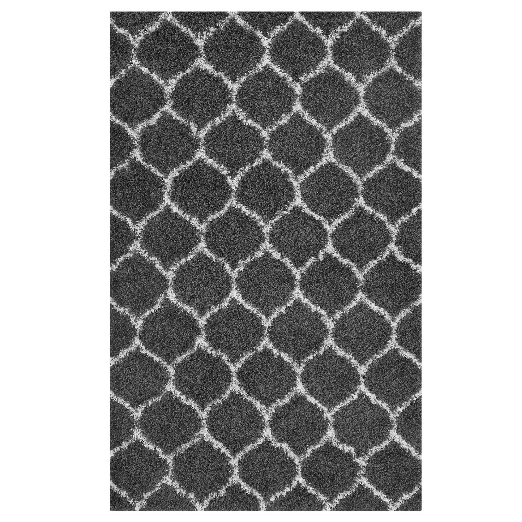 Angle. Modway - Solvea Moroccan Trellis Shag Area Rug - Dark Gray and Ivory.