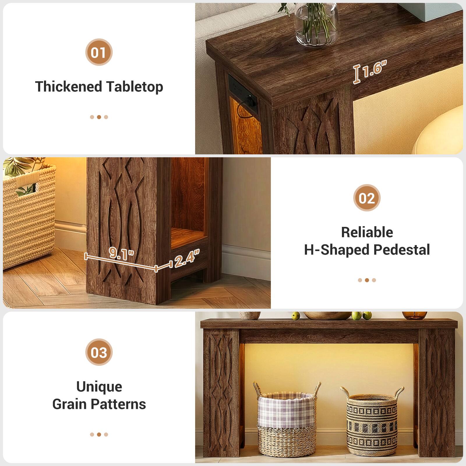 01 Thickened Tabletop  
02 Reliable H-Shaped Pedestal  
03 Unique Grain Patterns