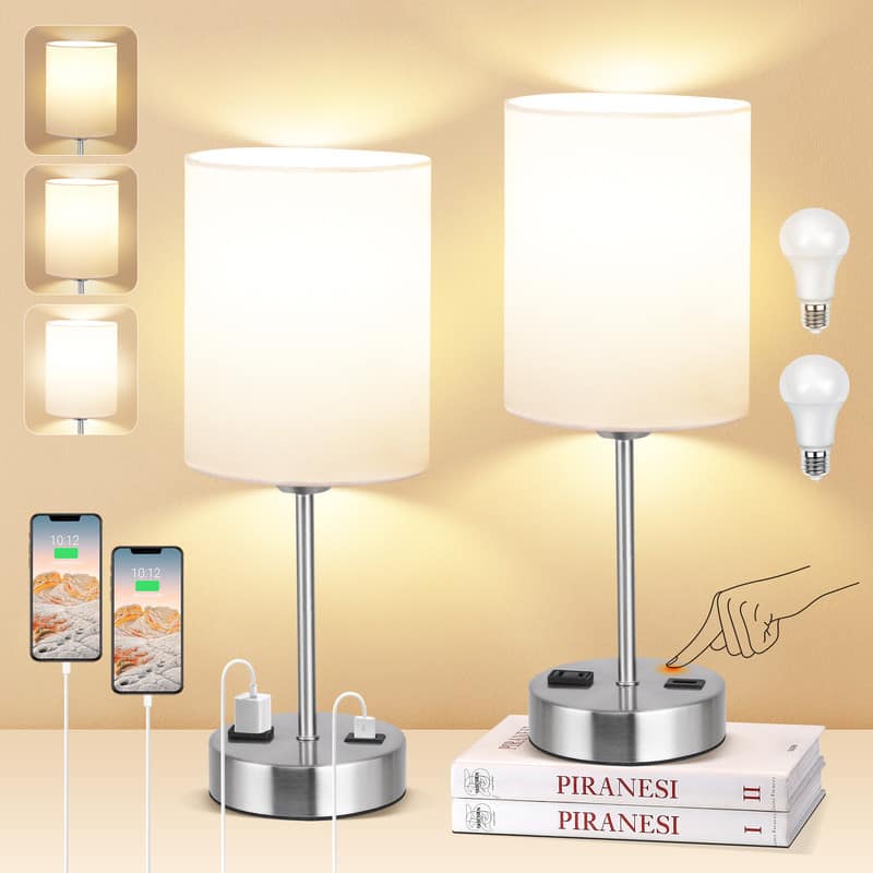 partphoner - Set of 2 Touch Control Table Lamps with 2 USB Charging Ports - White