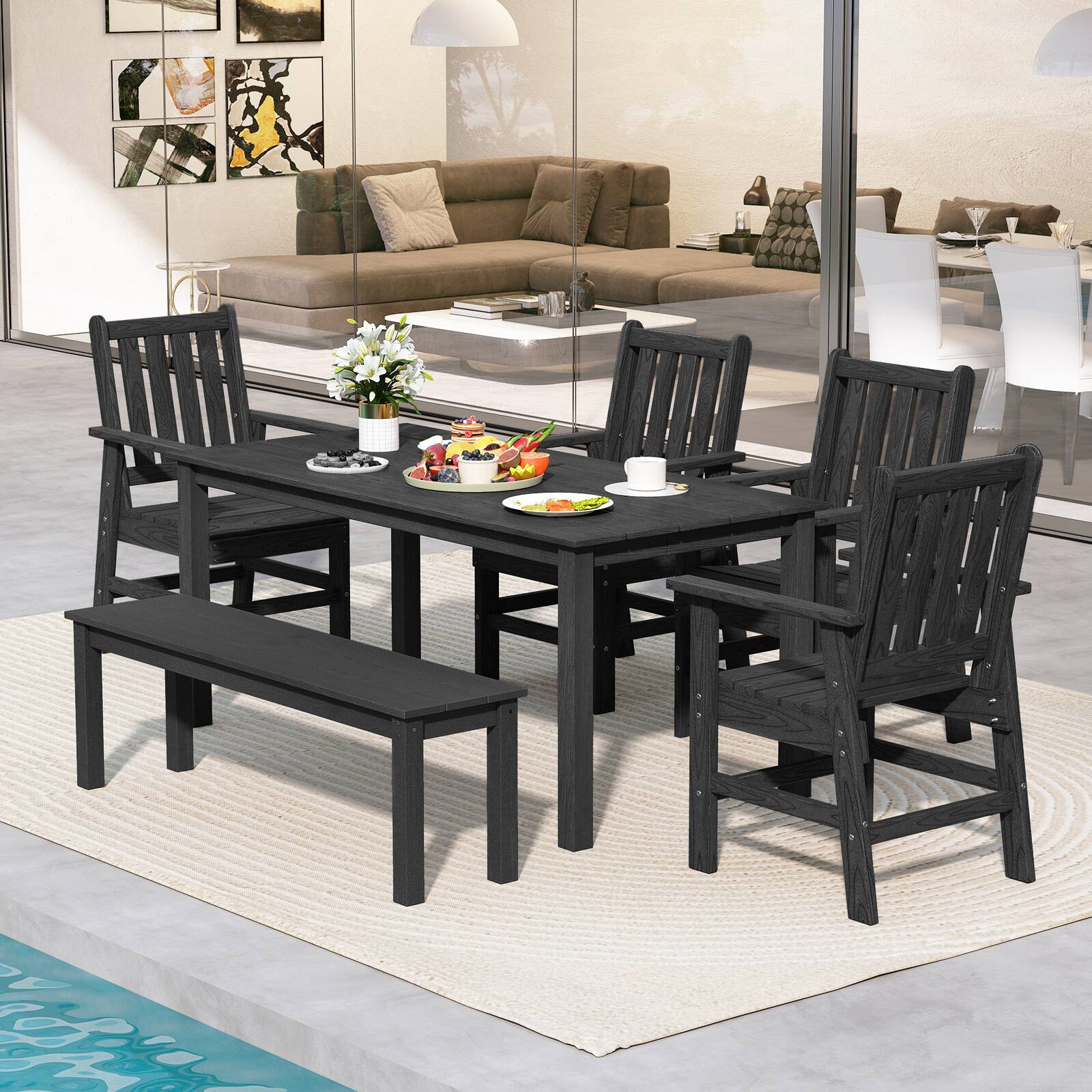 Alt View 7. Gymax - Gymax Patio Dining Chairs Set of 4 w/Wide Armrests Curved Seat Wood Grain for Backyard Black - Black.