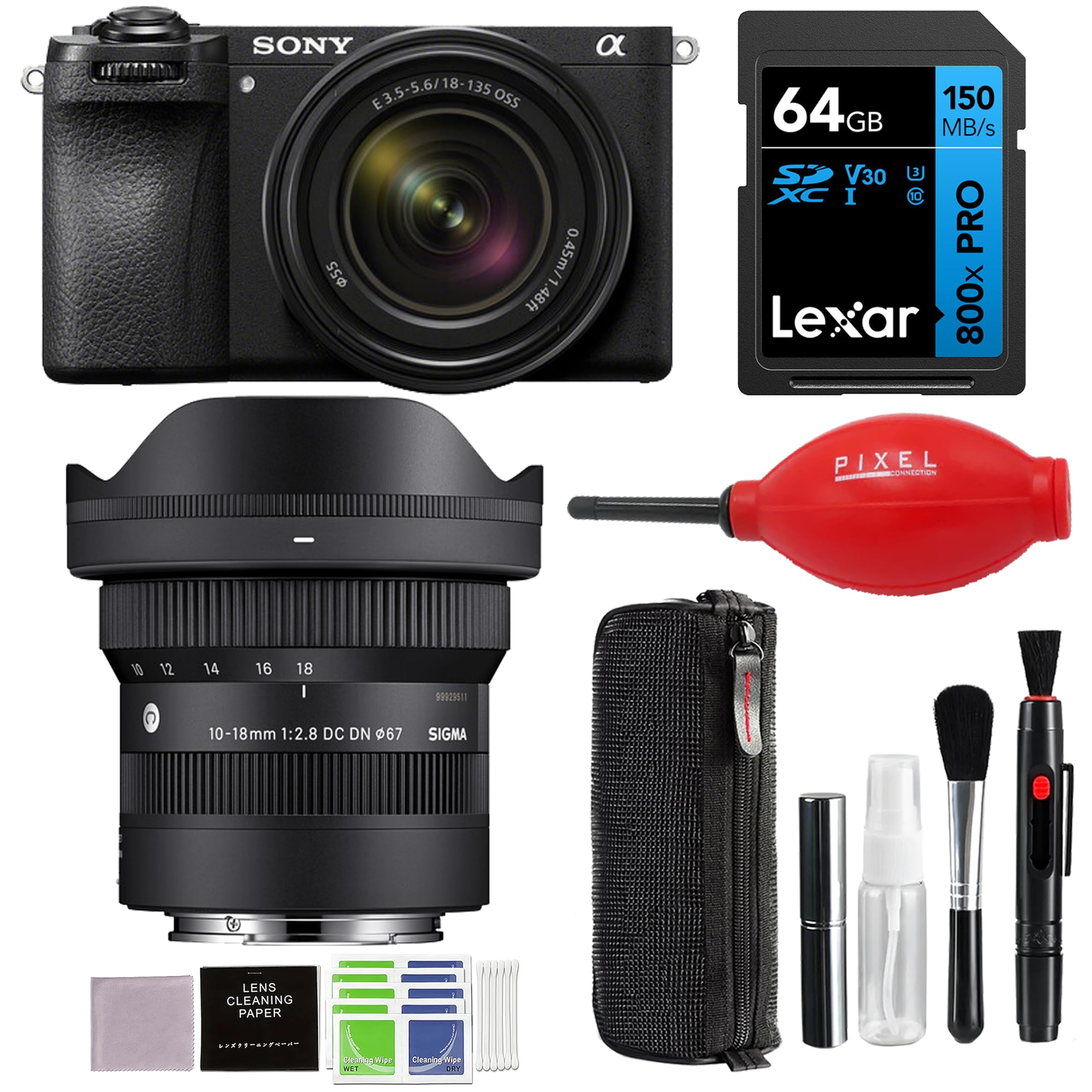 SONY E 3.5-5.6/18-135 OSS  
64GB 150 MB/s SP V30 Lexar 800x  
PIXEL  
SIGMA 10-18mm 1:2.8 DC DN Ø67  
LENS CLEANING PAPER