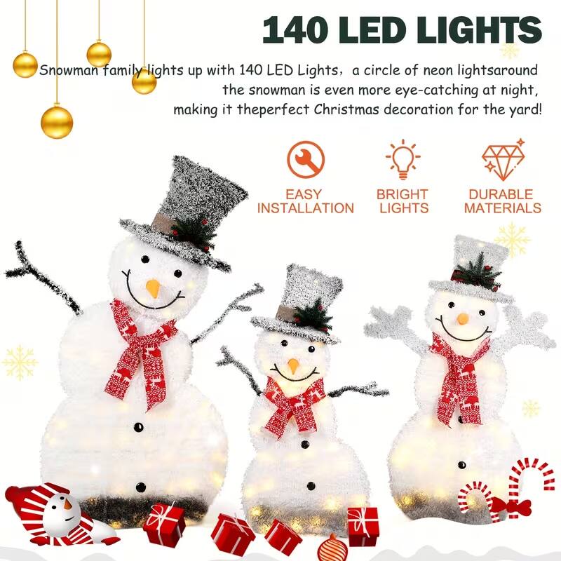 140 LED Lights Snowman family lights up with 140 LED Lights, a circle of neon lights around the snowman is even more eye-catching at night, making it the perfect Christmas decoration for the yard!

EASY INSTALLATION
BRIGHT LIGHTS
DURABLE MATERIALS