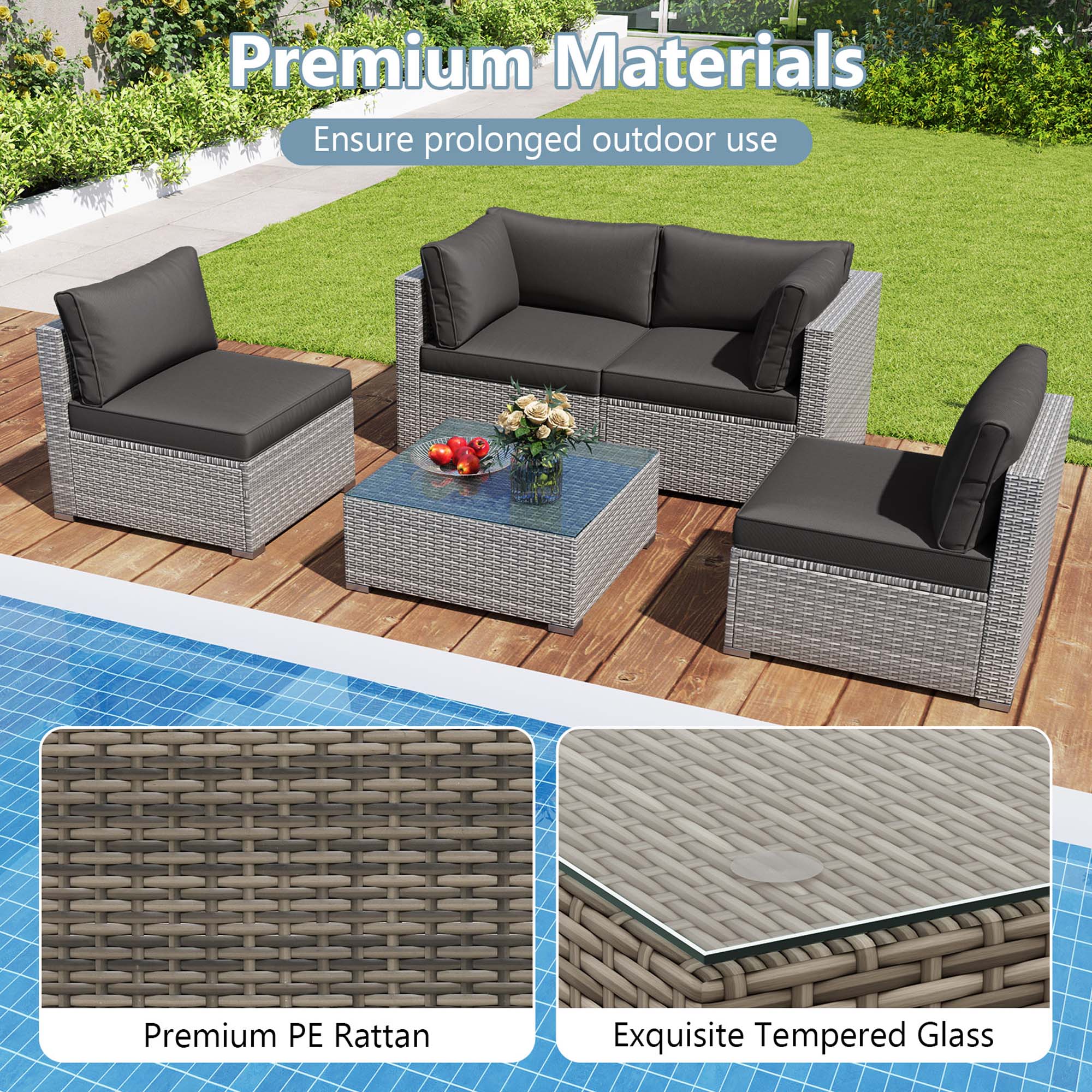 Premium Materials
Ensure prolonged outdoor use
Premium PE Rattan
Exquisite Tempered Glass