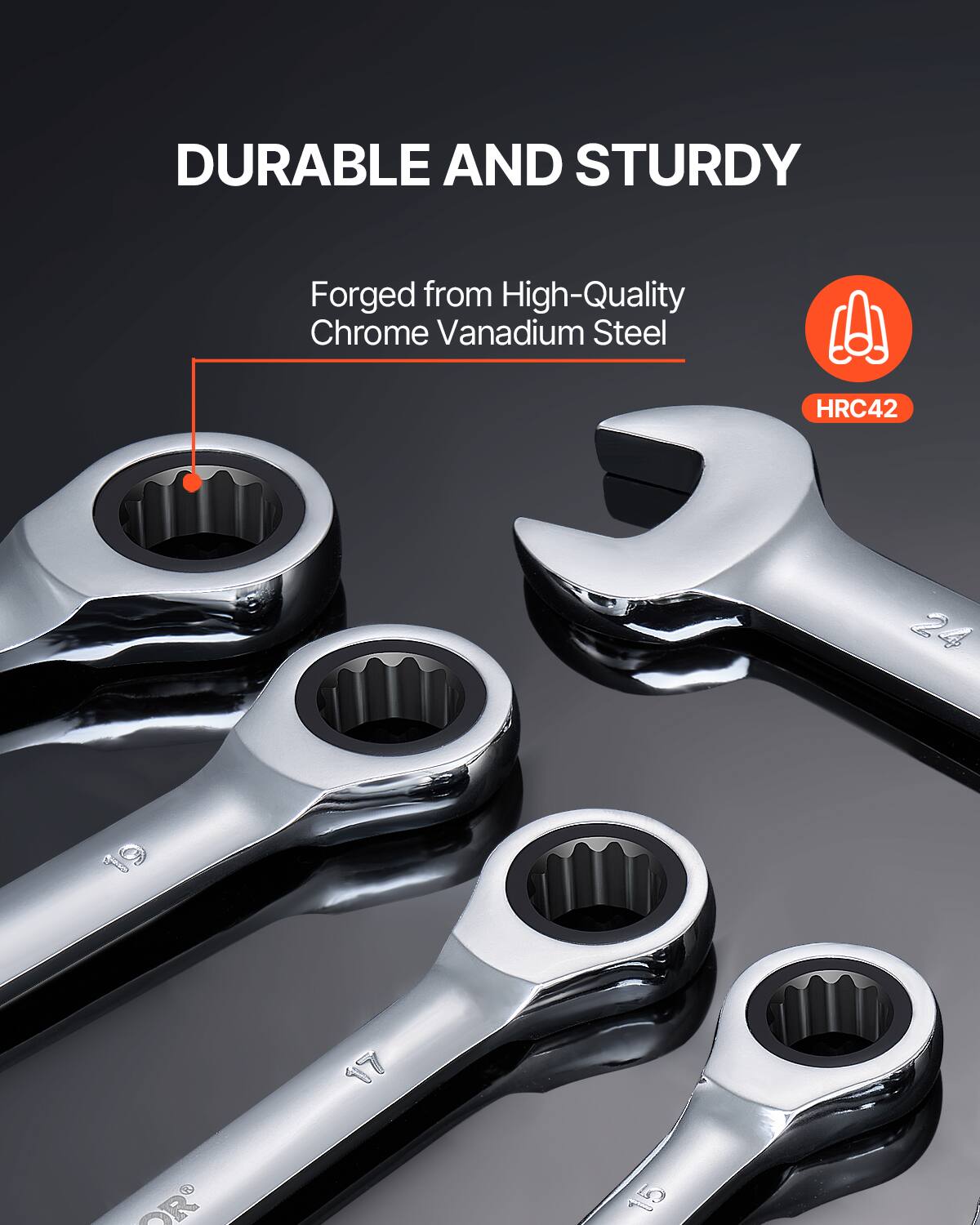 DURABLE AND STURDY

Forged from High-Quality Chrome Vanadium Steel

HRC42

24 19 17 15