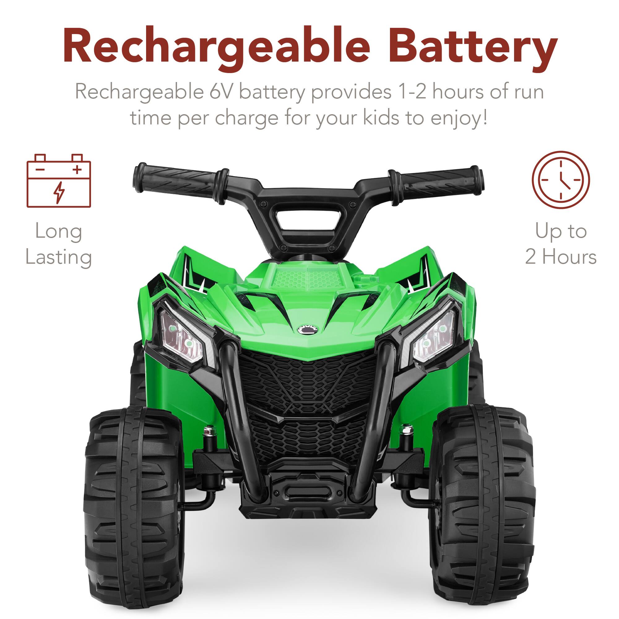 Rechargeable Battery

Rechargeable 6V battery provides 1-2 hours of run time per charge for your kids to enjoy!

- Long Lasting
- Up to 2 Hours