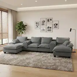 Anysun - U-Shape Chenille Sailboat Cloud Sofa - 2 Storage Consoles with Cup Holders & USB, 2 Ottomans & 2 Pillows - Gray