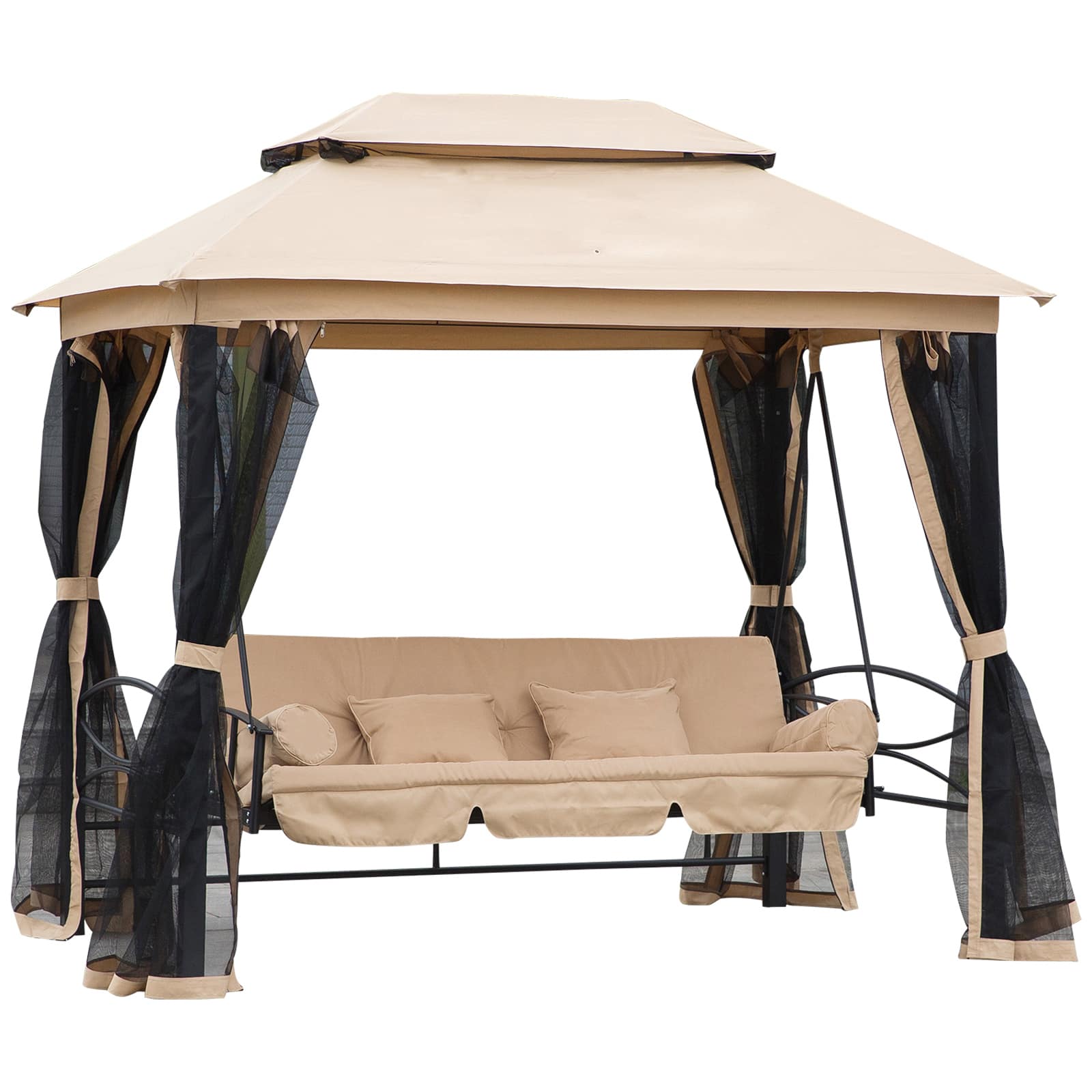 Outsunny - 3-Seat Patio Swing Chair, Outdoor Gazebo Swing with Double Tier Canopy, Mesh Sidewalls - Beige