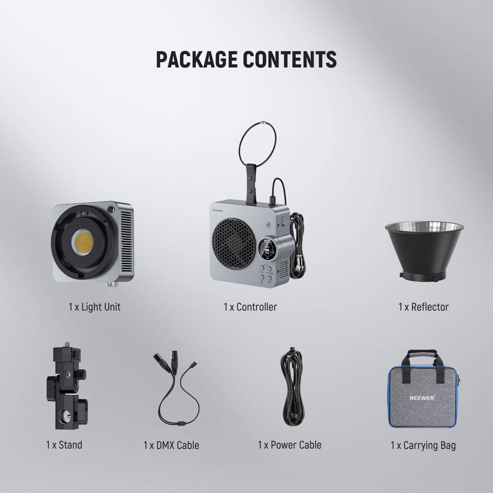 PACKAGE CONTENTS

- 1 x Light Unit
- 1 x Controller
- 1 x Reflector
- 1 x Stand
- 1 x DMX Cable
- 1 x Power Cable
- 1 x Carrying Bag