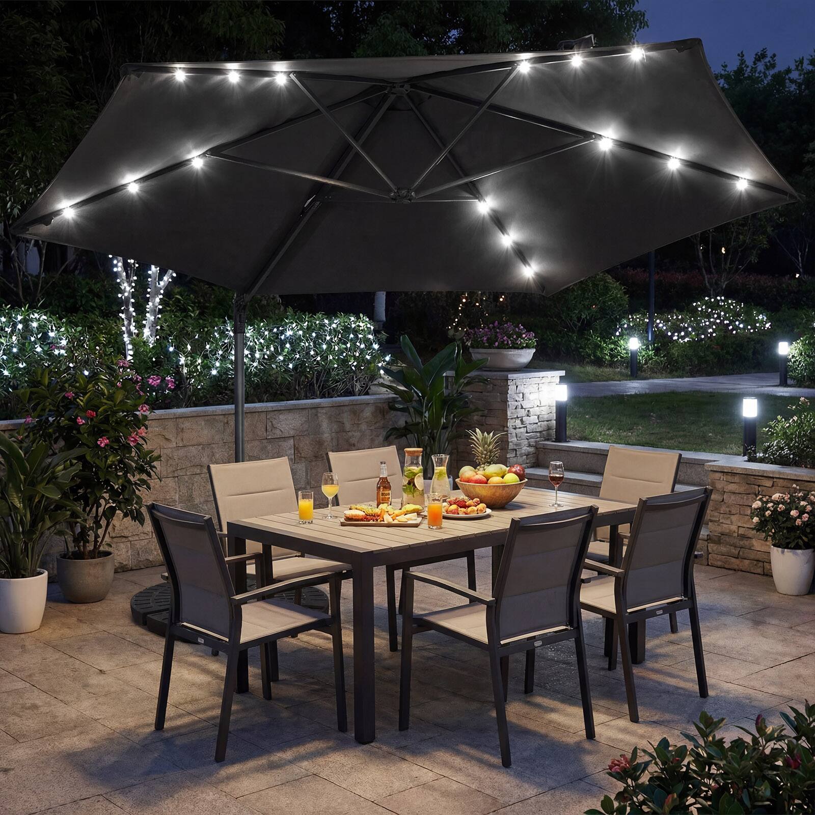 Alt View 3. Costway - Costway 10 FT Patio Cantilever Umbrella with Solar LED Lights, 360° Rotation, Air Vent - Gray.