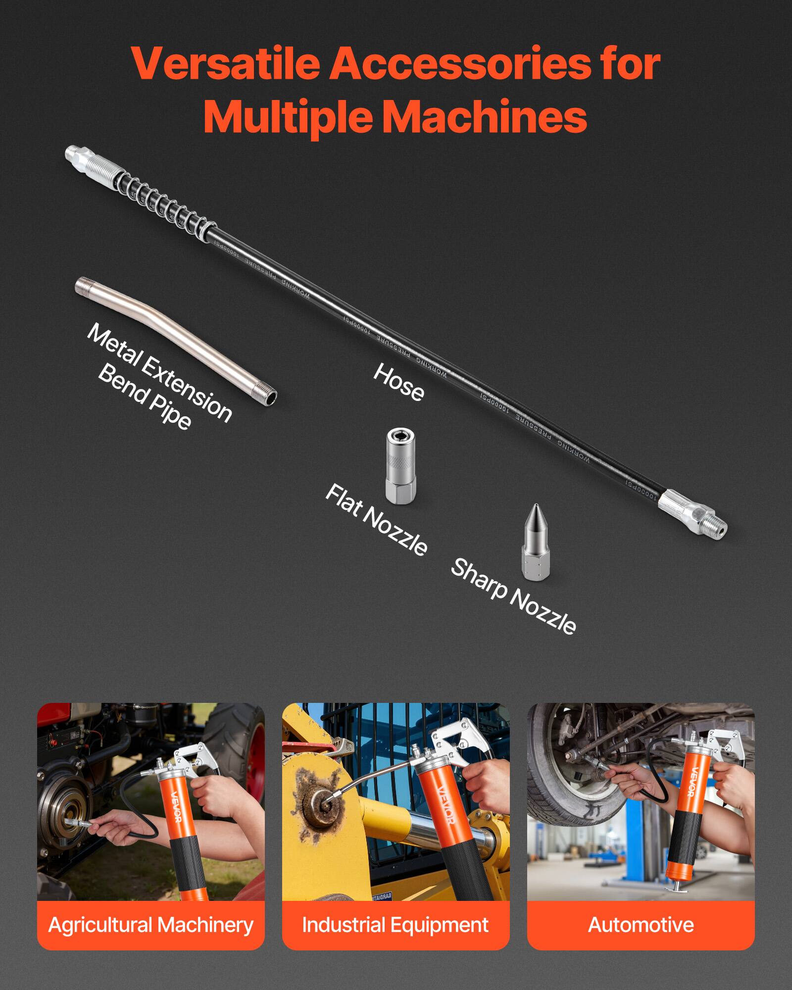 Versatile Accessories for Multiple Machines

- Metal Extension Bend Pipe
- Hose
- Flat Nozzle
- Sharp Nozzle

Agricultural Machinery  
Industrial Equipment  
Automotive