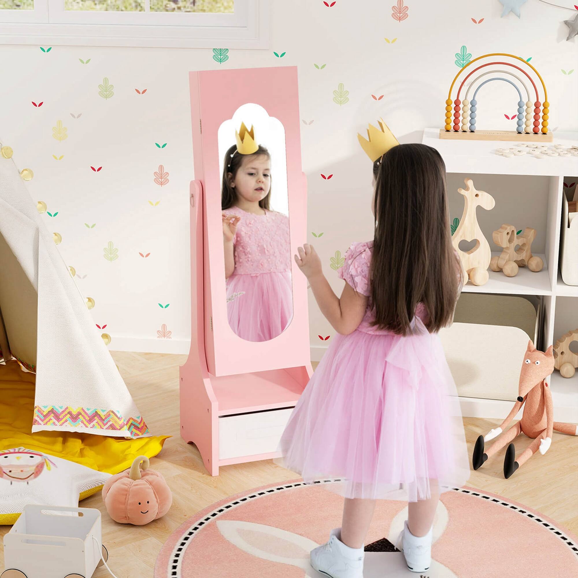 Alt View 3. Costway - Costway Kids Jewelry Cabinet with Full-Length Mirror Drawer 2 Adjustable Tilt Angles - Pink.