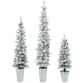 Costway - Potted Artificial Christmas Tree Set of 3 3/4/5 FT Snow-Flocked Slim Faux Trees - Silver/Green