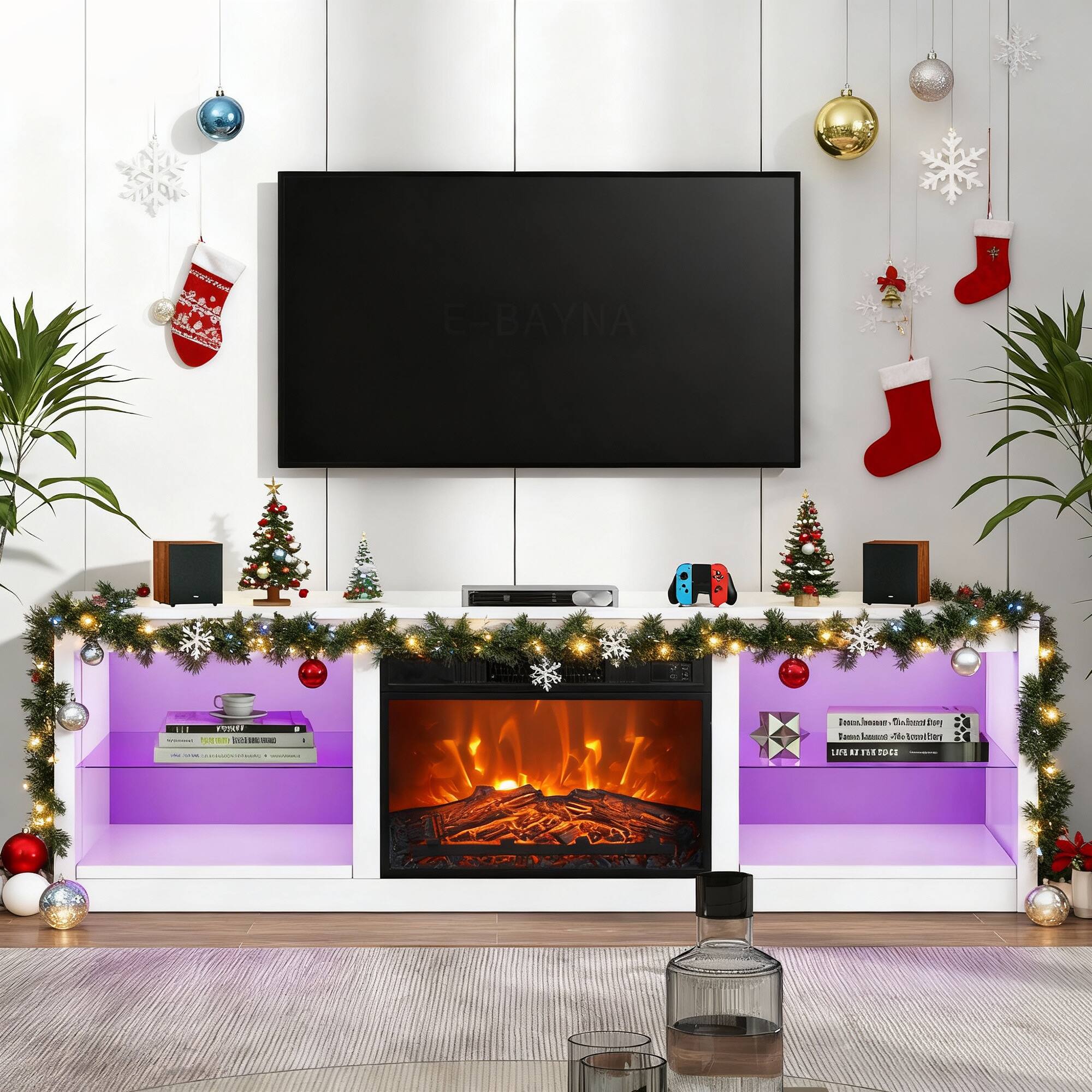 Ihomeadore - 66" TV Stand with 23"Insert Electric Fireplace and Open Storage Shelves Media Console for TVs up to 75" - White