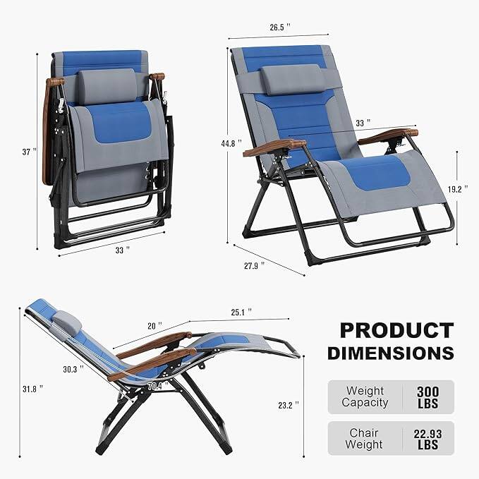 26.5"  
33"  
37"  
44.8"  
19.2"  
33"  
27.9"  
30.3"  
20"  
25.1"  
31.8" X 70.4"  
23.2"  

PRODUCT DIMENSIONS  
Weight Capacity: 300 LBS  
Chair Weight: 22.93 LBS