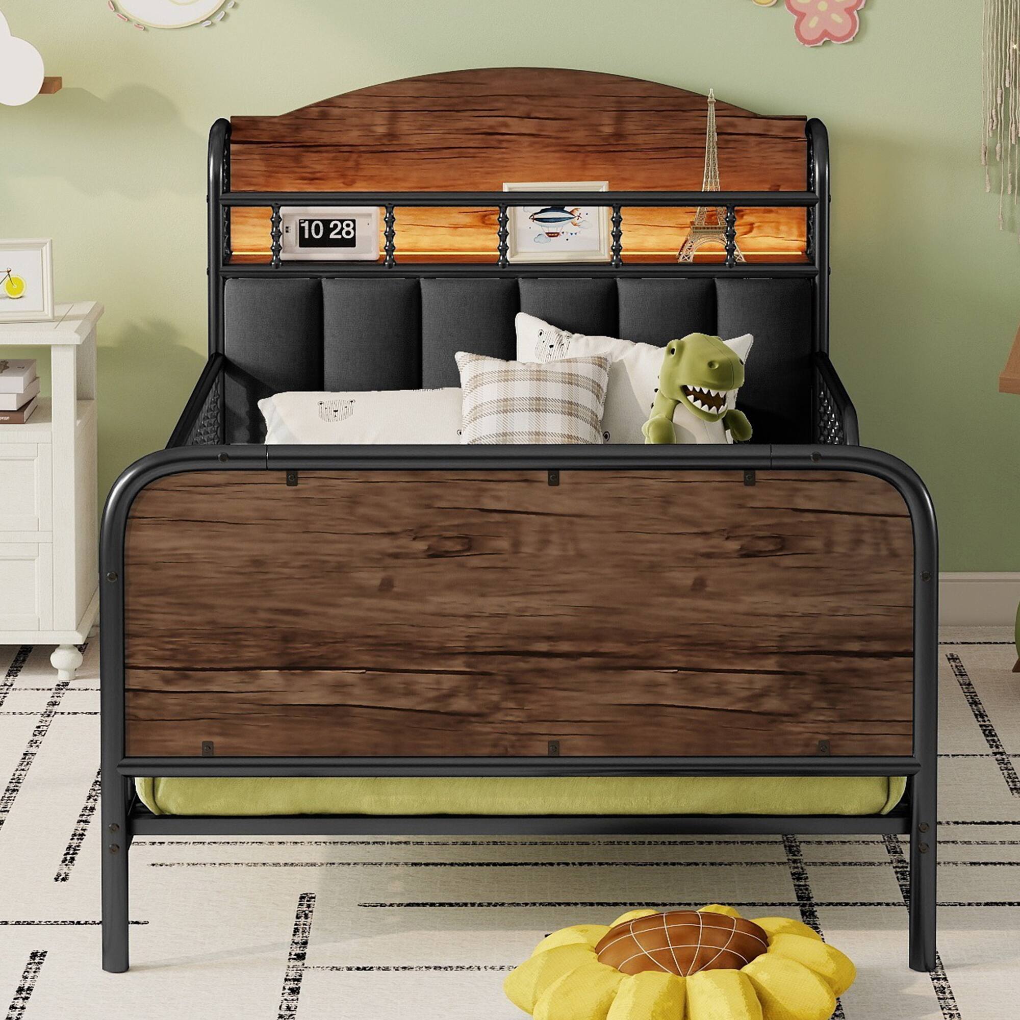 Angle. LUCKY ONE - Twin Size Kids Metal Platform Bed Frame with Light and Storage Headboard - Black.