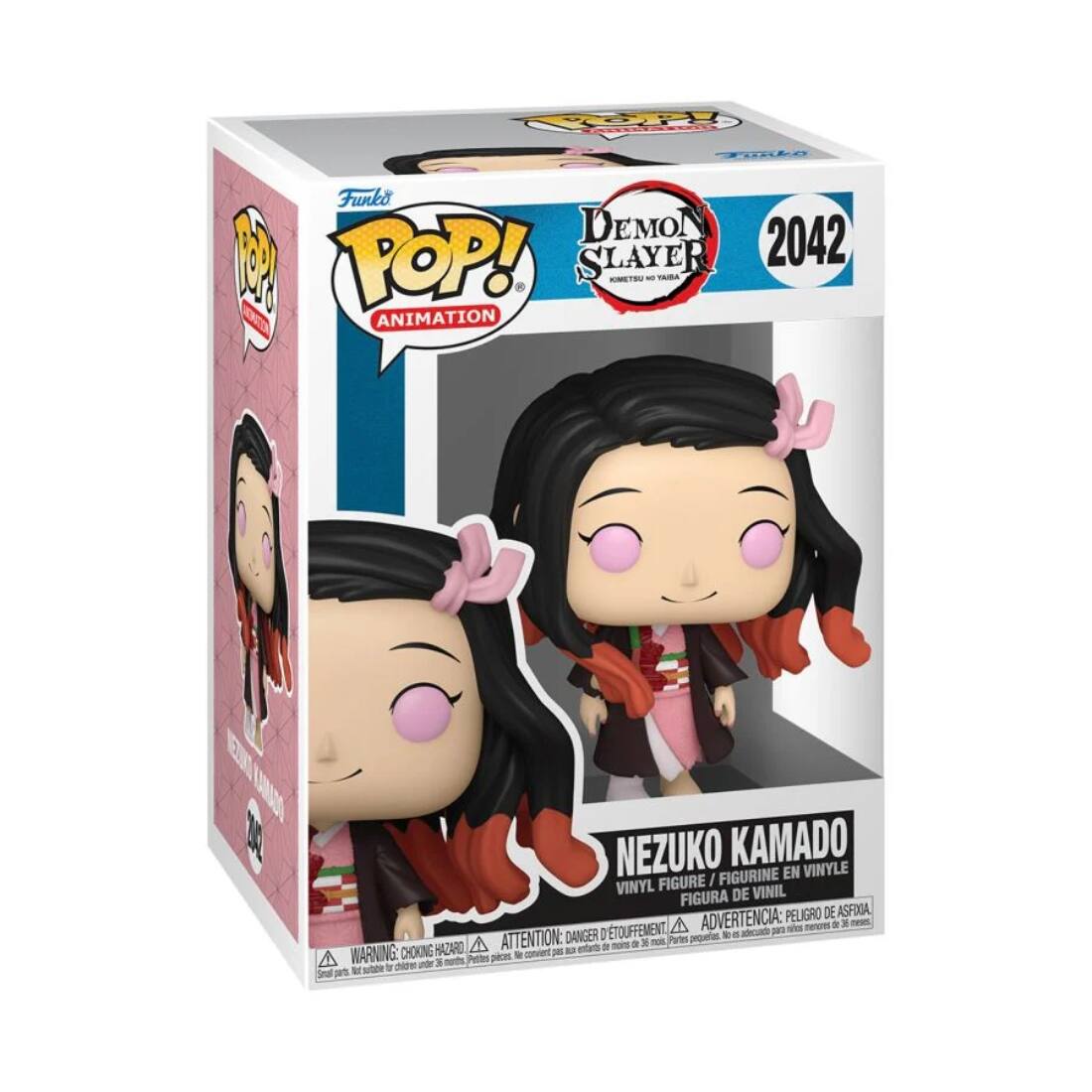 Sure, here is the corrected and grouped text from the image:

---

**Funko POP! ANIMATION**

**DEMON SLAYER 2042**

**NEZUKO KAMADO**

VINYL FIGURE / FIGURINE EN VINYLE / FIGURA DE VINIL

**WARNING: CHOKING HAZARD**  
ATTENTION: PEU D'ASPIRATION  
ADVERTENCIA: PEU D'ASPIRACIÓN  
Small parts. Not for children under 3 years.  
Pequeñas piezas. No apto para menores de 3 años.  
Peu d'aspiration. Ne convient pas aux enfants de moins de 3 ans.

---

This text is organized to reflect the information on the packaging.