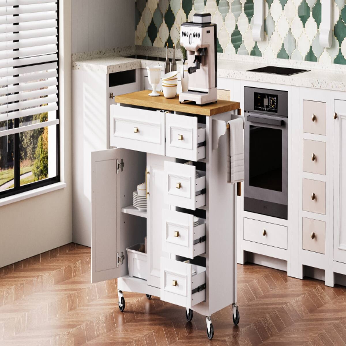 Alt View 4. Loheer - Loheer 52 inch kitchen island with drop leaf white rolling kitchen cart with spice rack - White.