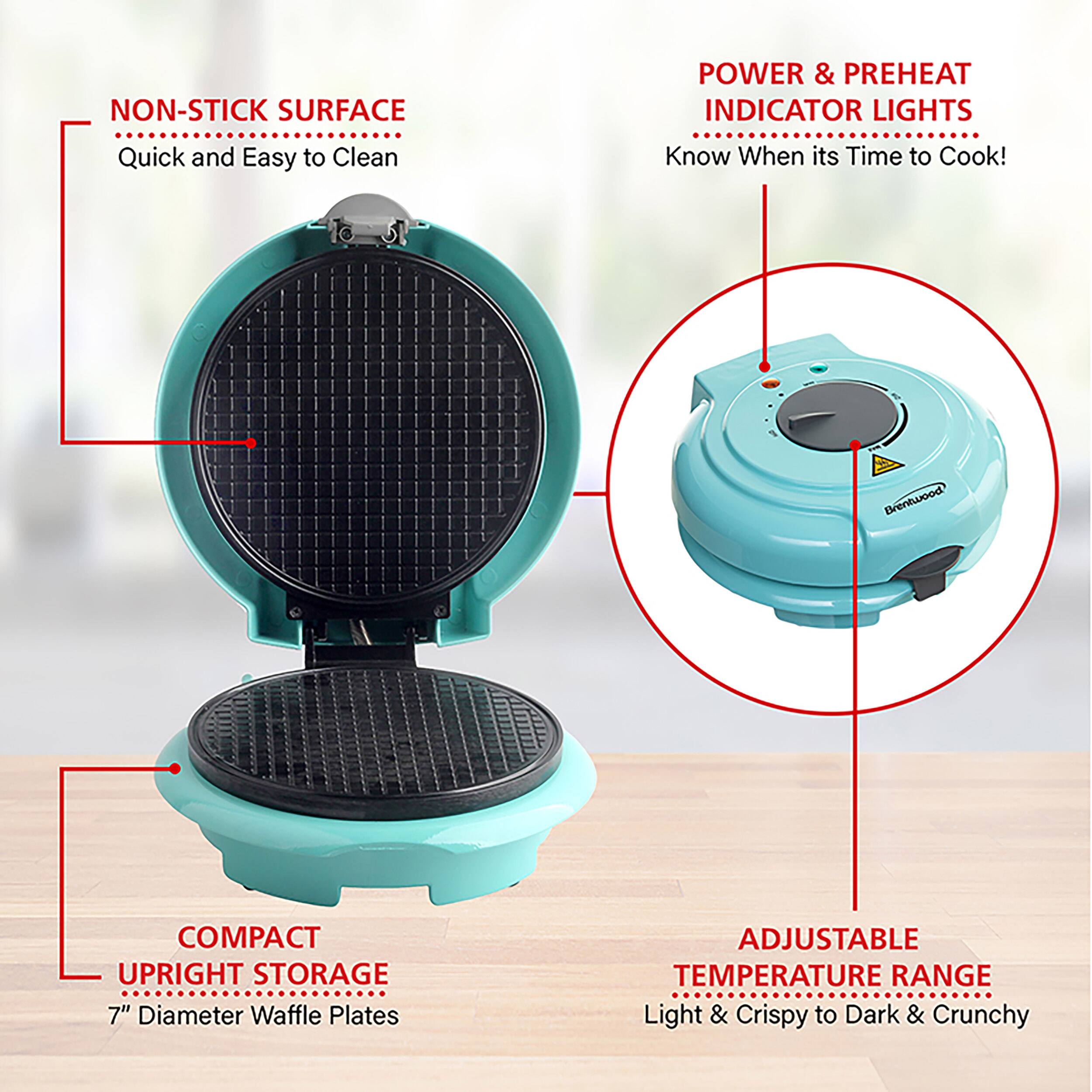 NON-STICK SURFACE  
Quick and Easy to Clean  

POWER & PREHEAT INDICATOR LIGHTS  
Know When it's Time to Cook!  

COMPACT UPRIGHT STORAGE  
7" Diameter Waffle Plates  

ADJUSTABLE TEMPERATURE RANGE  
Light & Crispy to Dark & Crunchy