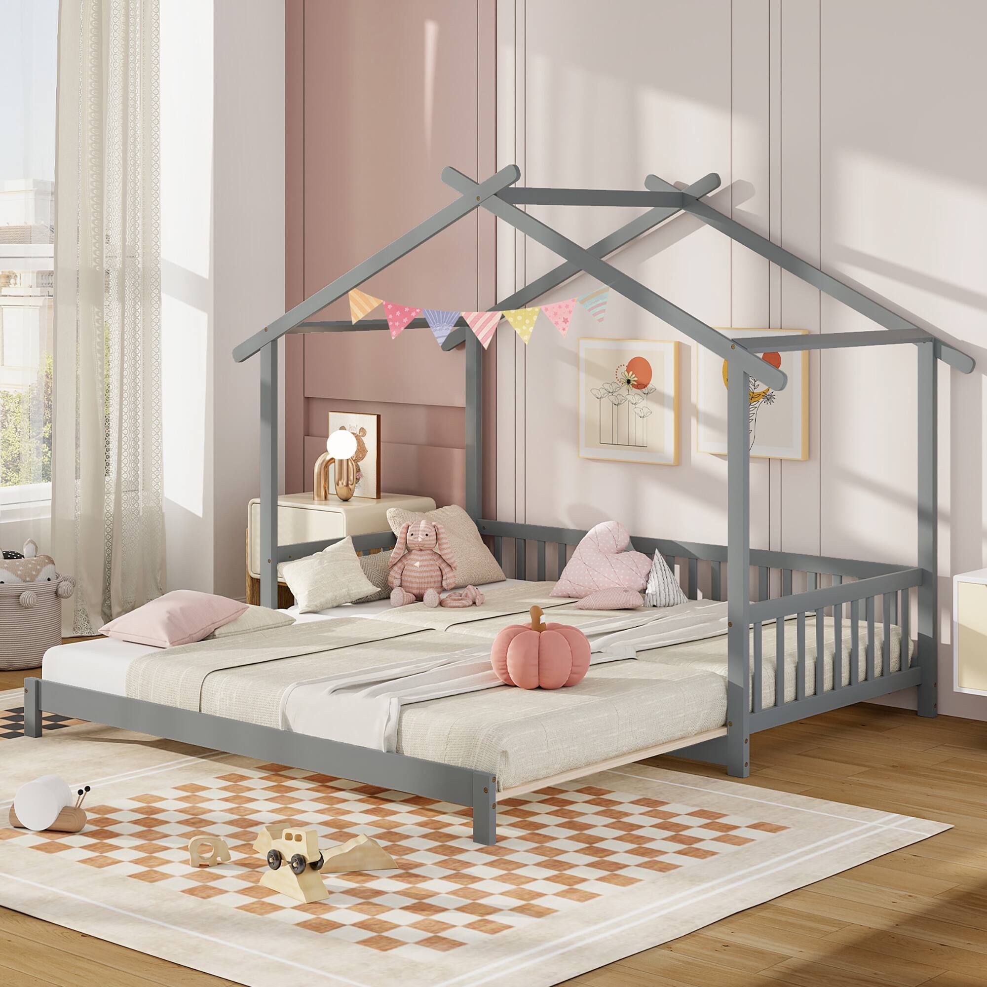 Alt View 4. Gymax - Gymax Wooden House Bed Twin to King Daybed w/ Safety Rails & Decorable Roof Gray - Gray.