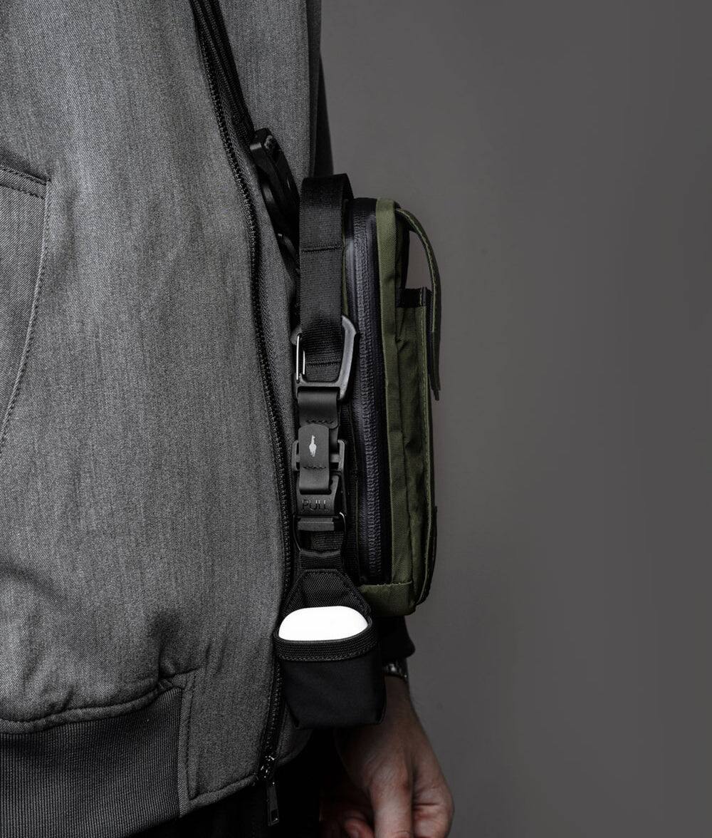 Left. ALPAKA - Modular Sling V2 MIini Sling Bag for Phone, Magnetic Quick Access, EDC Crossbody Bag with Adjustable Strap - Dark Green X-Pac VX21.