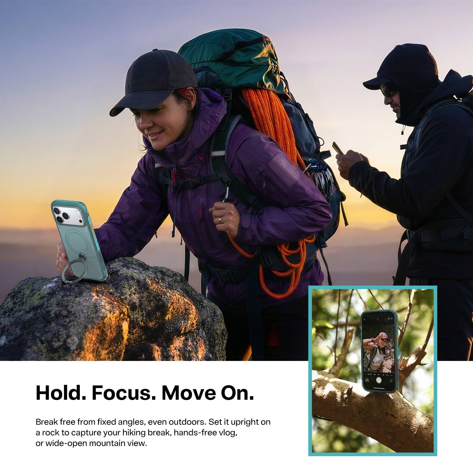 Hold. Focus. Move On.  
Break free from fixed angles, even outdoors. Set it upright on a rock to capture your hiking break, hands-free vlog, or wide-open mountain view.