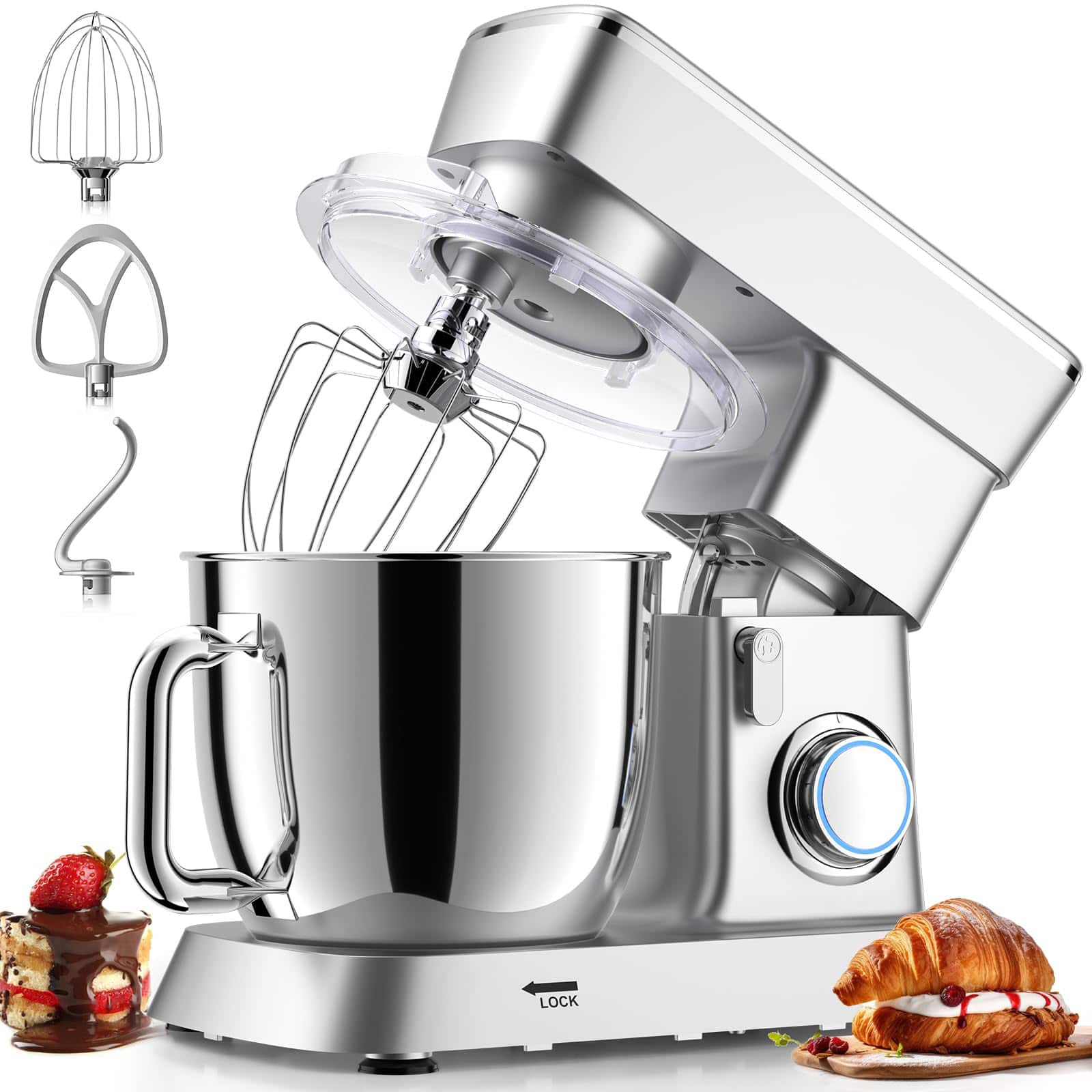 GlowWise - All-in-One 6QT Stand Mixer, 10+P Speed, Includes Stainless Bowl & Essential Attachments (Silver) - Silvery